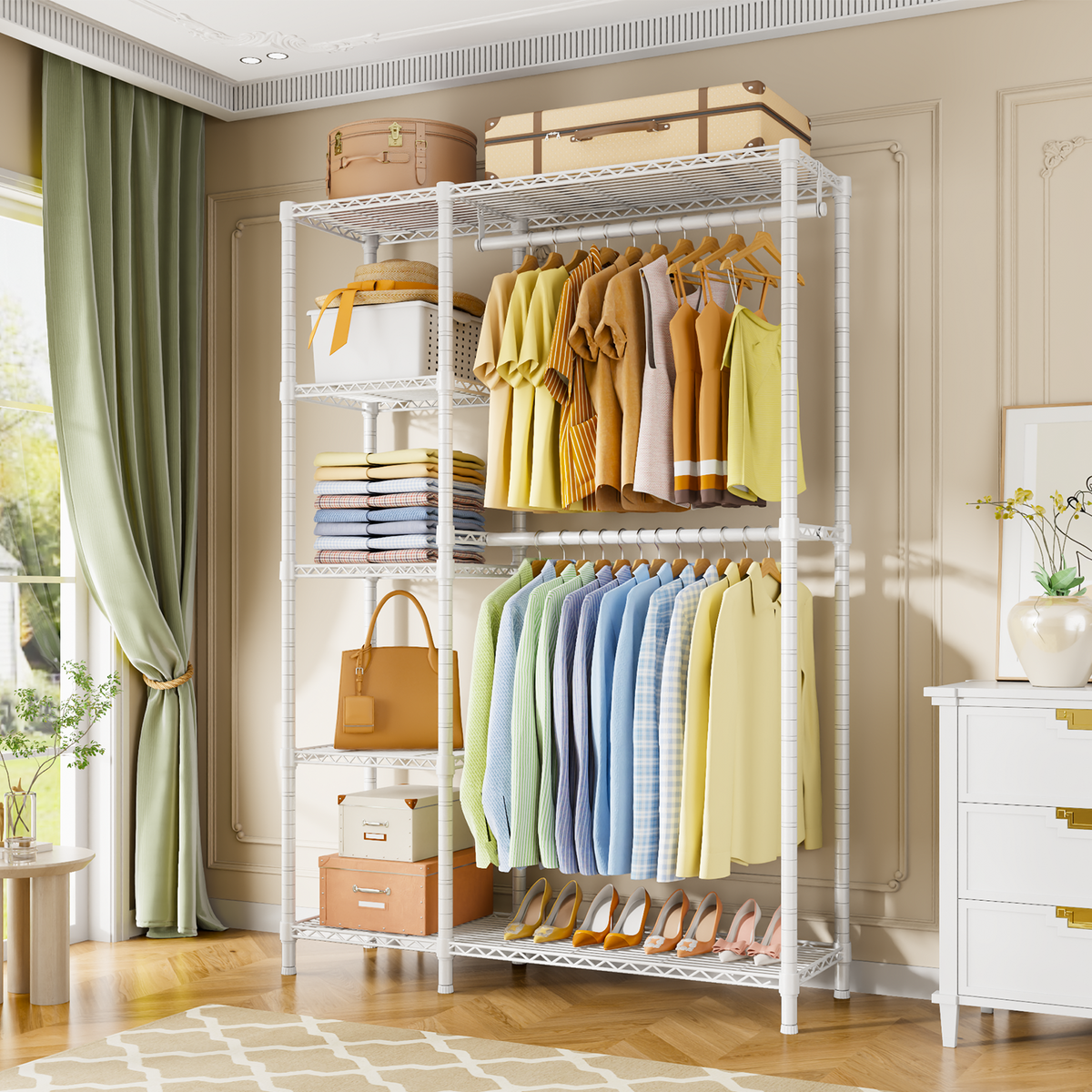 F2 45"W Double Column Garment Rack (Black), 630LBS Load & 5-Tier Adjustable Shelves