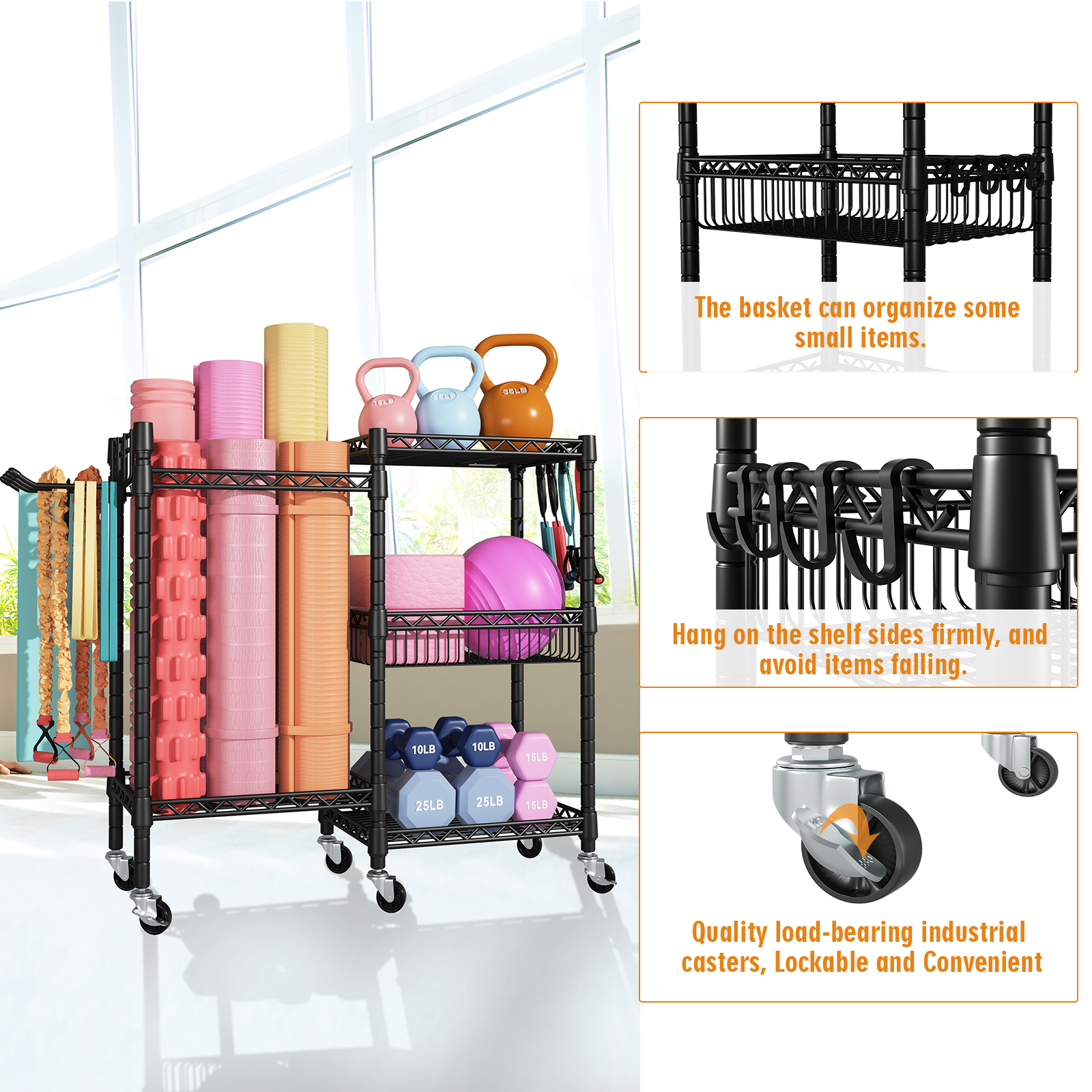 S2 Home Gym Storage, 3 Tiers Workout Equipment Organizer with Wheels for Yoga Mats, Foam Roller, Dumbbells, Kettlebells, and Resistance Bands