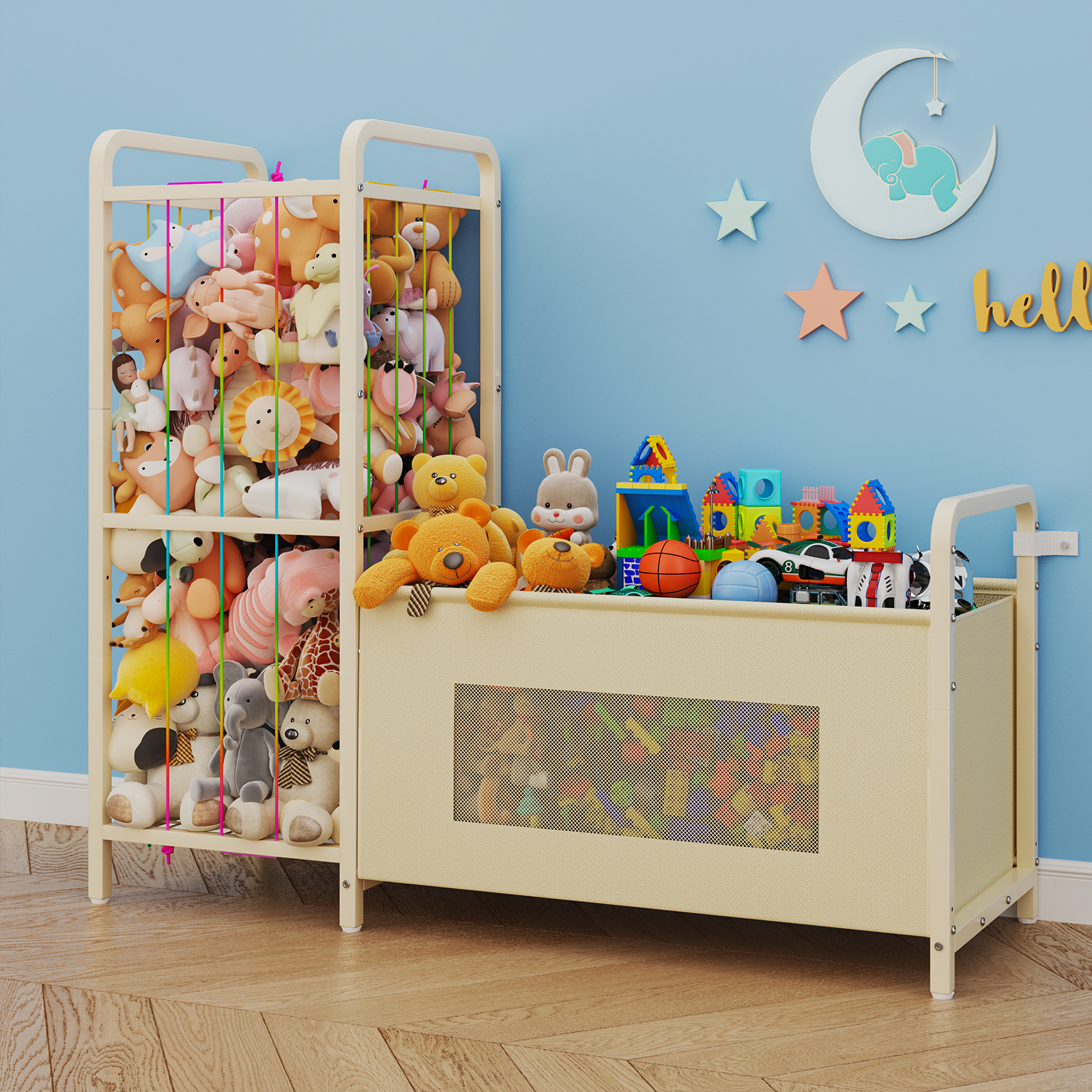 B10 Toy Storage Organizer with Stuffed Animal Storage, Large Toy Box Chest and Stuffed Animal Holder Zoo Organizer with Elastic Ropes for Nursery, Kids Room, Playroom, Bedroom, Beige