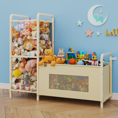 B10 Toy Storage Organizer with Stuffed Animal Storage, Large Toy Box Chest and Stuffed Animal Holder Zoo Organizer with Elastic Ropes for Nursery, Kids Room, Playroom, Bedroom, Beige