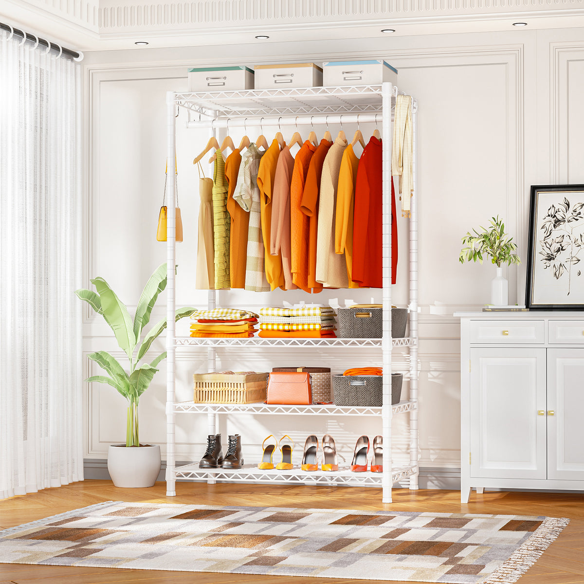 H4 35.4"W Single Column Garment Rack (Black), 512LBS Load & 4-Tier Storage Shelves