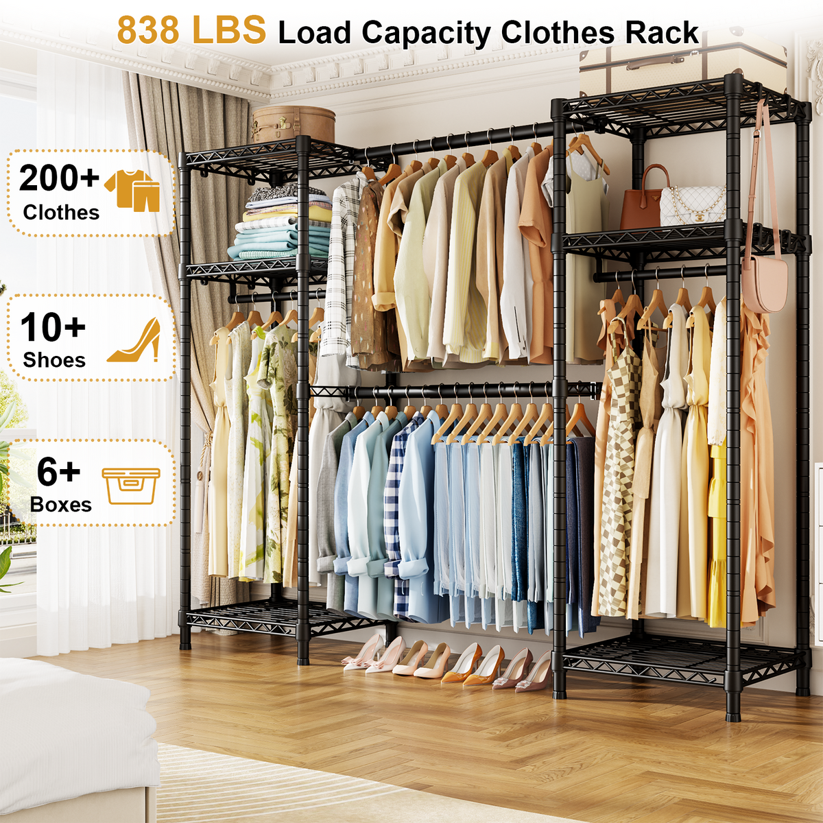 E7 52.3-72" Extendable Triple Column Garment Rack (Black), 838LBS Load & 6-Tier Wire Shelves