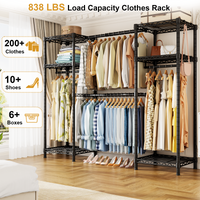 E7 52.3-72" Extendable Triple Column Garment Rack (Black), 838LBS Load & 6-Tier Wire Shelves