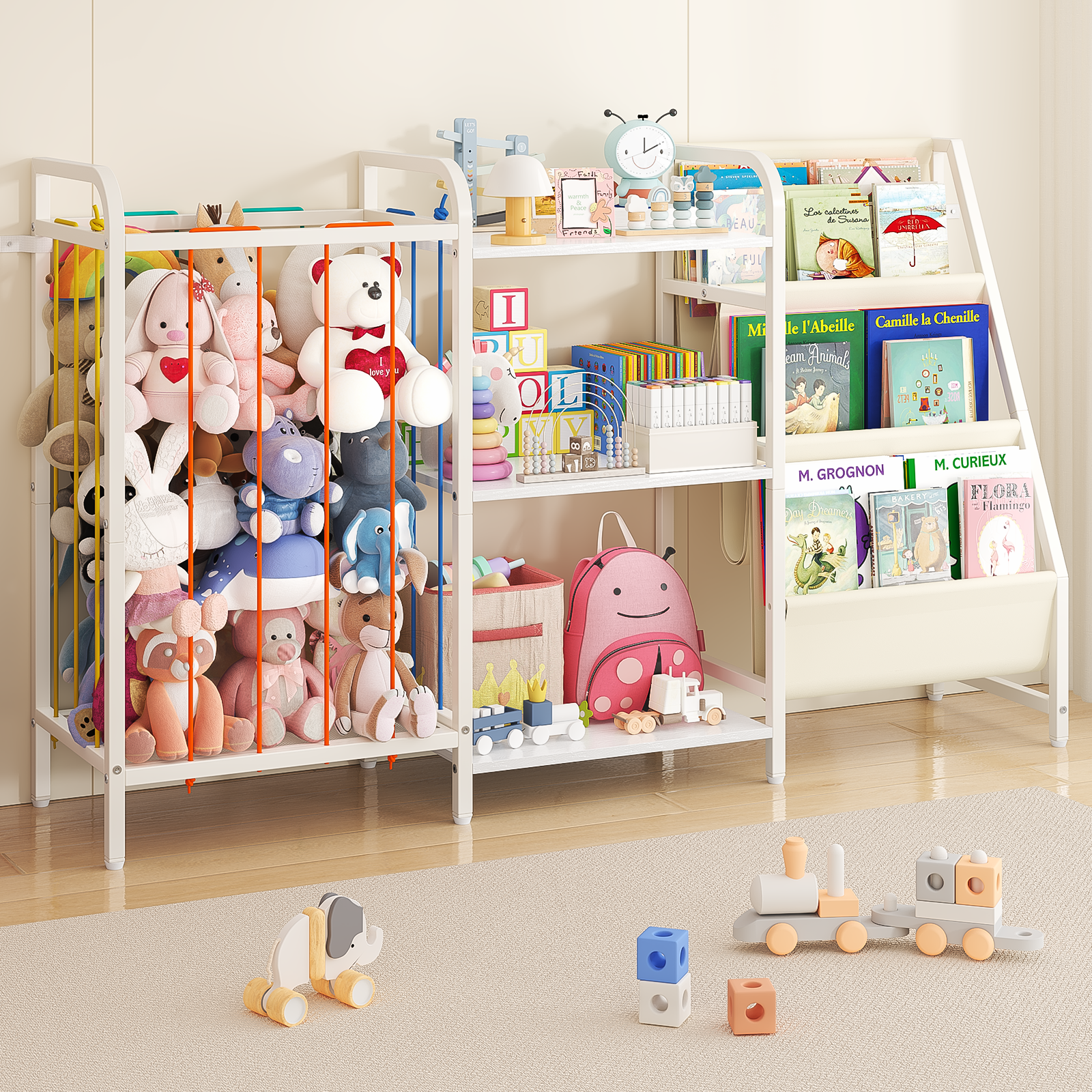 B1 Kids 3-in-1 Bookshelf & Toy Storage (White), 3-Tier Shelves+3 Sling Pockets for Nursery/Playroom