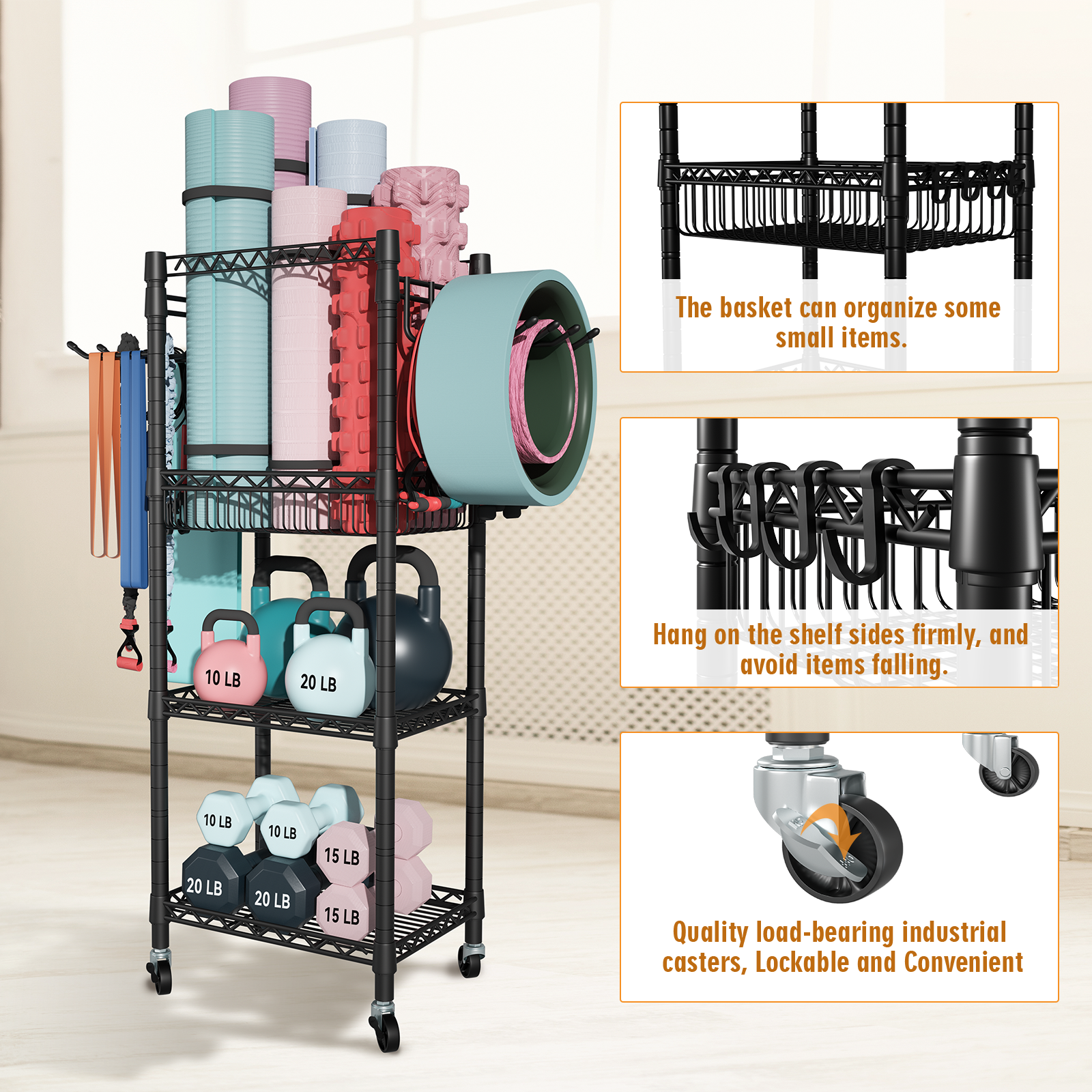 S1 Home Gym Storage, 3 Tiers Workout Equipment Organizer with Wheels for Yoga Mats, Foam Roller, Dumbbells, Kettlebells, and Resistance Bands