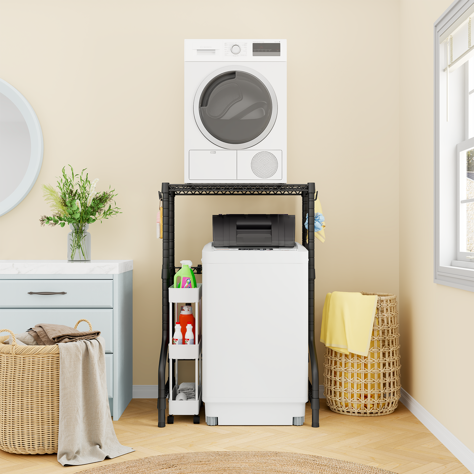 U16 Upgraded Washer Dryer Stacking Rack for Narrow Laundry Room and Bathroom, Metal Over Washer and Dryer Storage Shelves for Saving Space