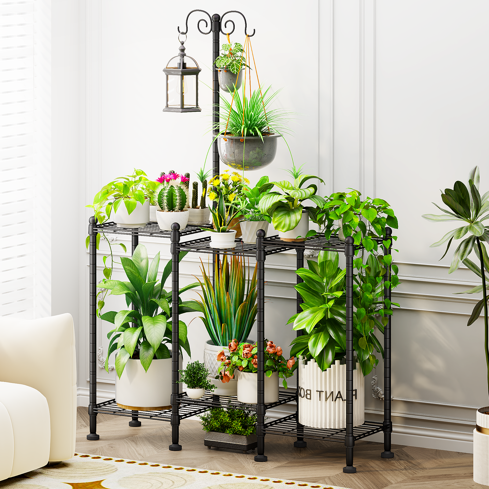 C6 Plant Stand Indoor Outdoor, Heavy Duty Metal Waterproof 6 Tiered Plant Shelf for Multiple Flower Planter Holder Rack, Black