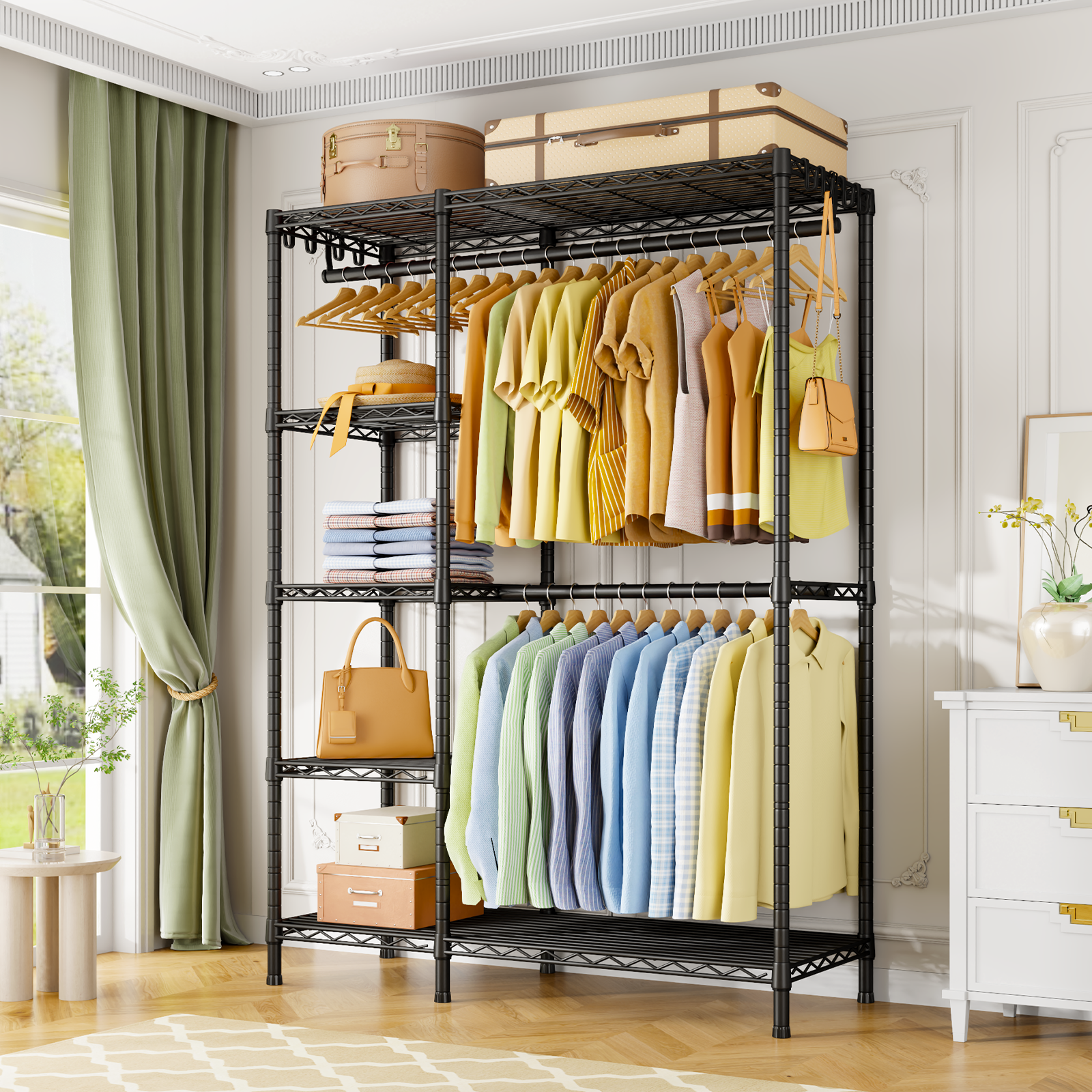 F2 45"W Double Column Garment Rack (Black), 630LBS Load & 5-Tier Adjustable Shelves