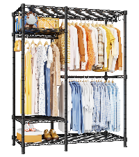 F7 Double Column Garment Rack (Black), 58"W x 14.6"D x 76.6"H, 800LBS Load & 6-Tier Shelves