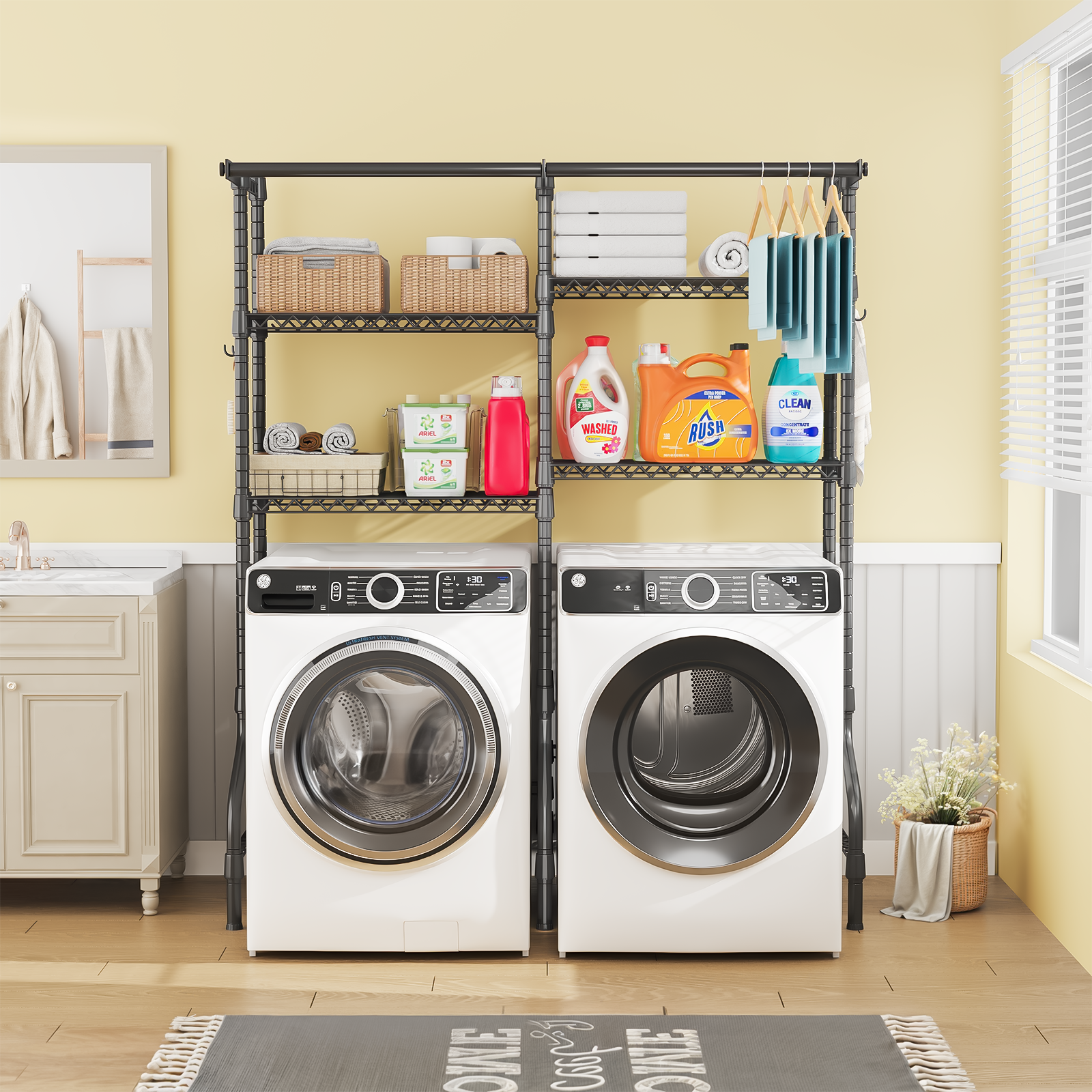 U14 Double Column Over-Washer Garment Rack, 4-Tier Storage & 2 Hanger Rods, 80-90LBS per Shelf Load