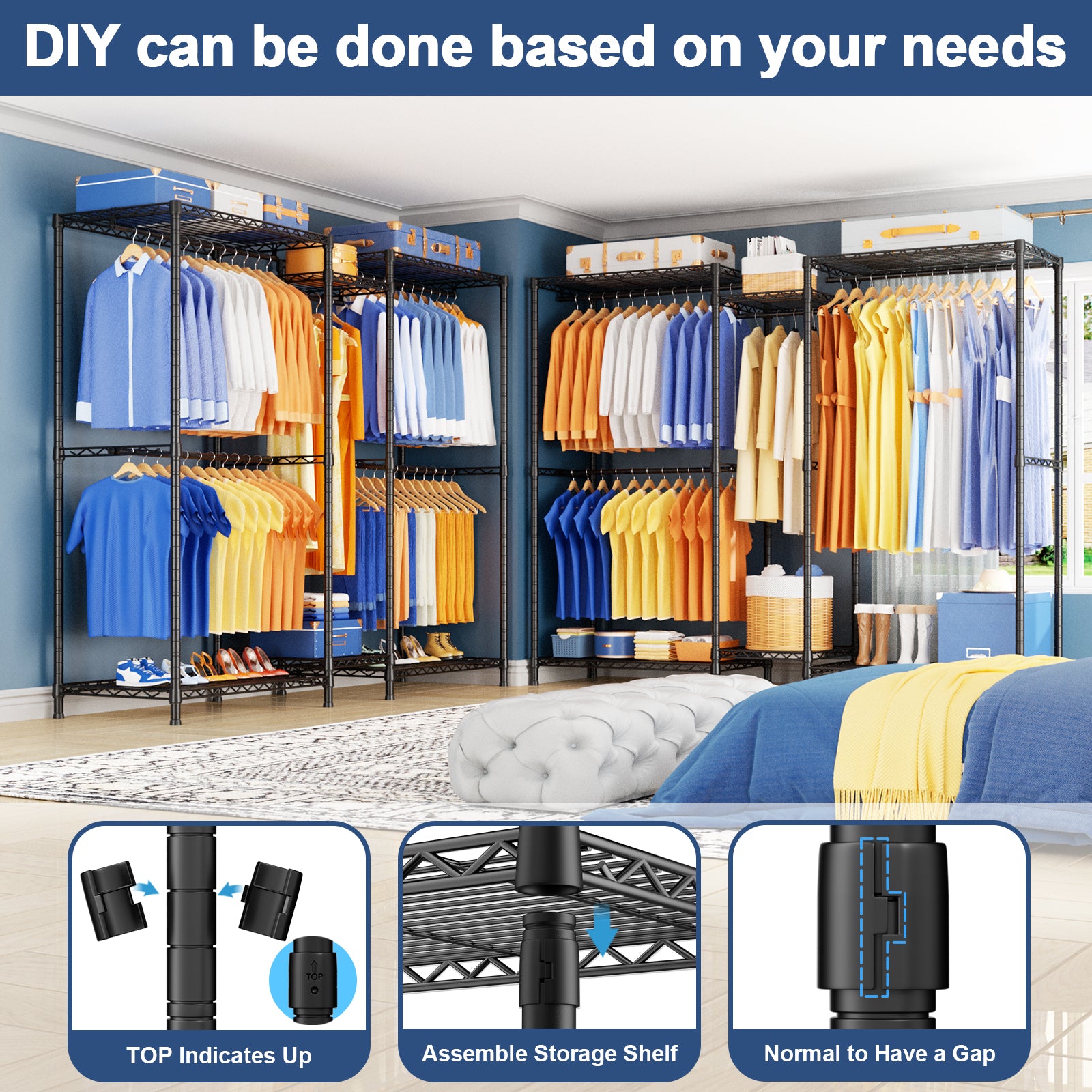 Ulif E12 Clothes Rack,Heavy Duty Freestanding Garment Rack with Shelves,Metal Clothing Closet Storage System for Hanging Clothes，71" W x 16" D x 76.5" H, Hold 960 lbs，Black