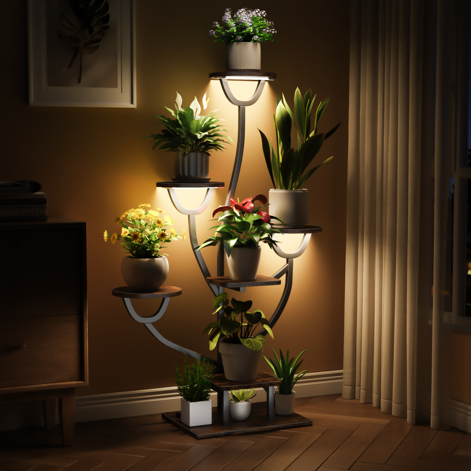 C4 Plant Stand Indoor with Grow Lights - 44.2" Tall Plant Shelf, Lighted Corner Plant Stands for Indoor Growing, 7 Tiered Metal & Wood Plant Holder Display Shelves for Living Room, Patent Design