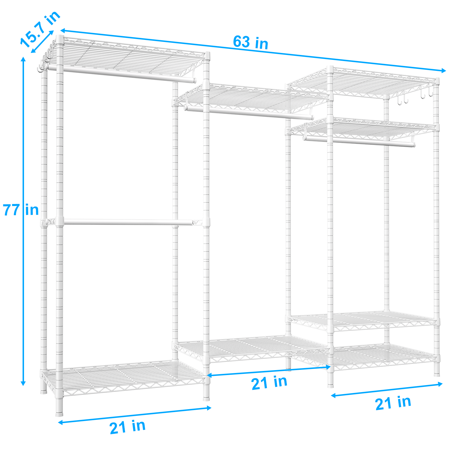 E13 Triple Column Garment Rack (Black), 900LBS Load, 8-Tier Shelves, 4 Hanger Rods & 8 S Hooks