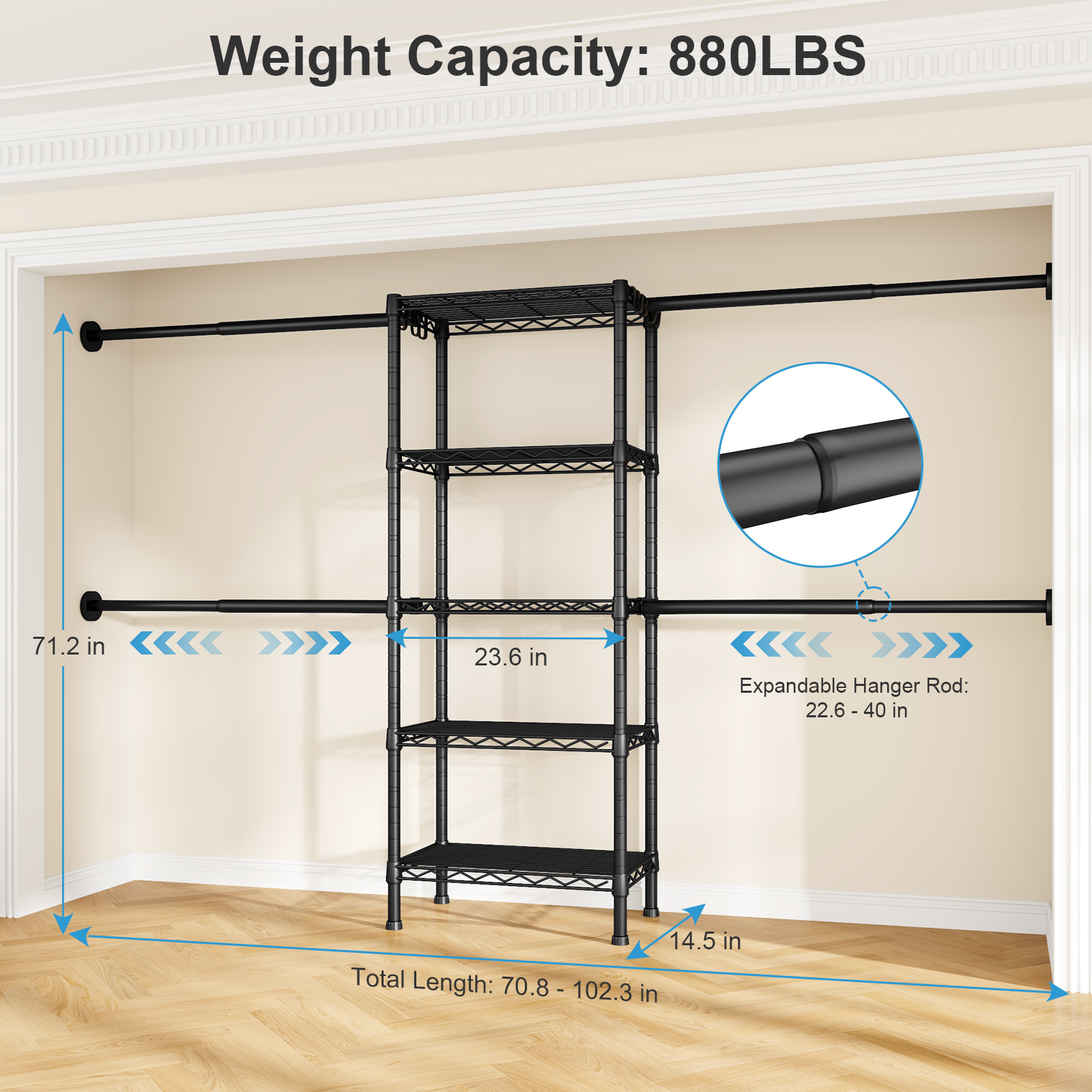 M2 Wall-Mounted Garment Rack (Black), 5.8-8.8ft Width, 4 Extendable Rods & 5-Tier 23.6" Shelves