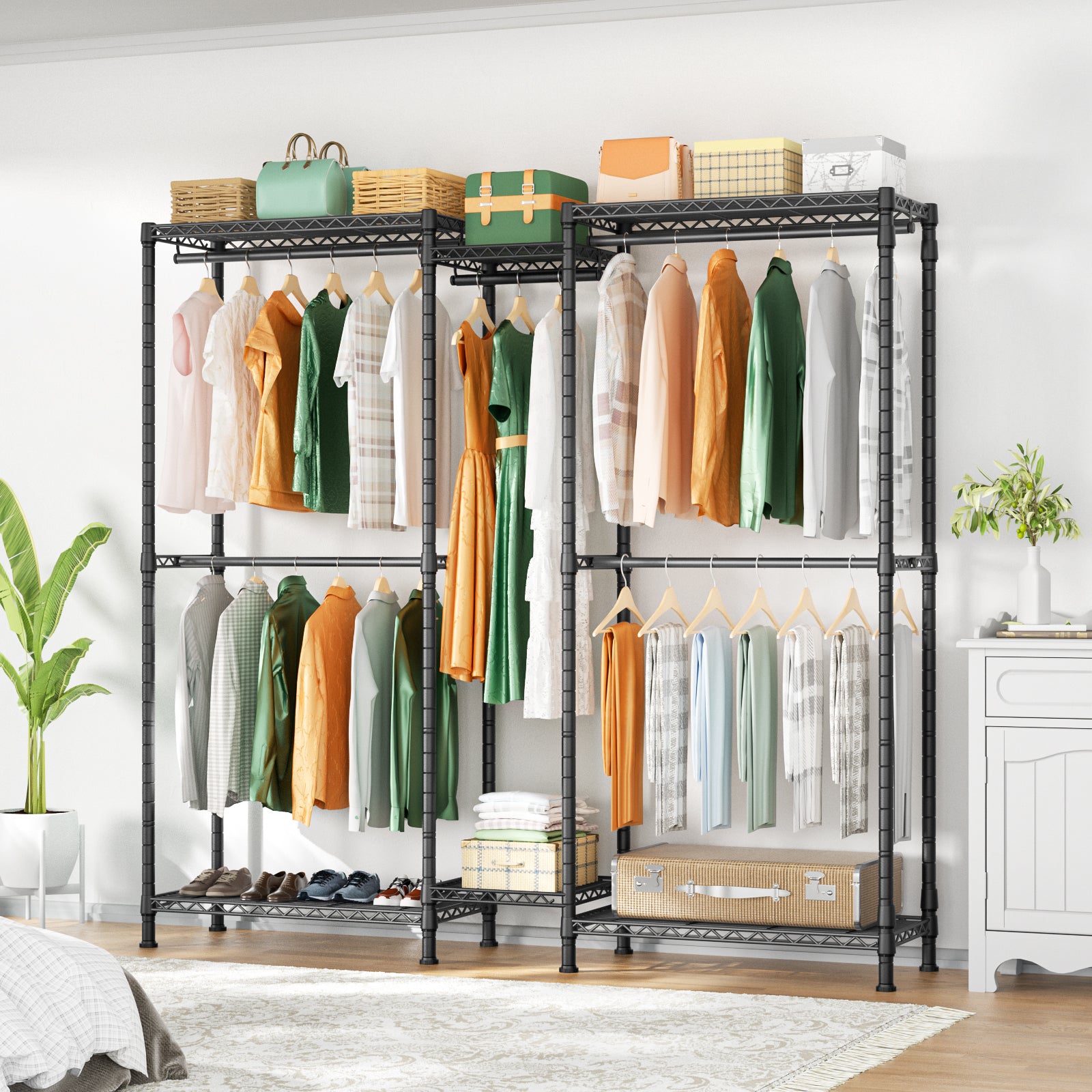 E12 Detachable Triple Column Garment Rack (Gold), 960LBS Load & 6-Tier Shelves with 4 Hanger Rods