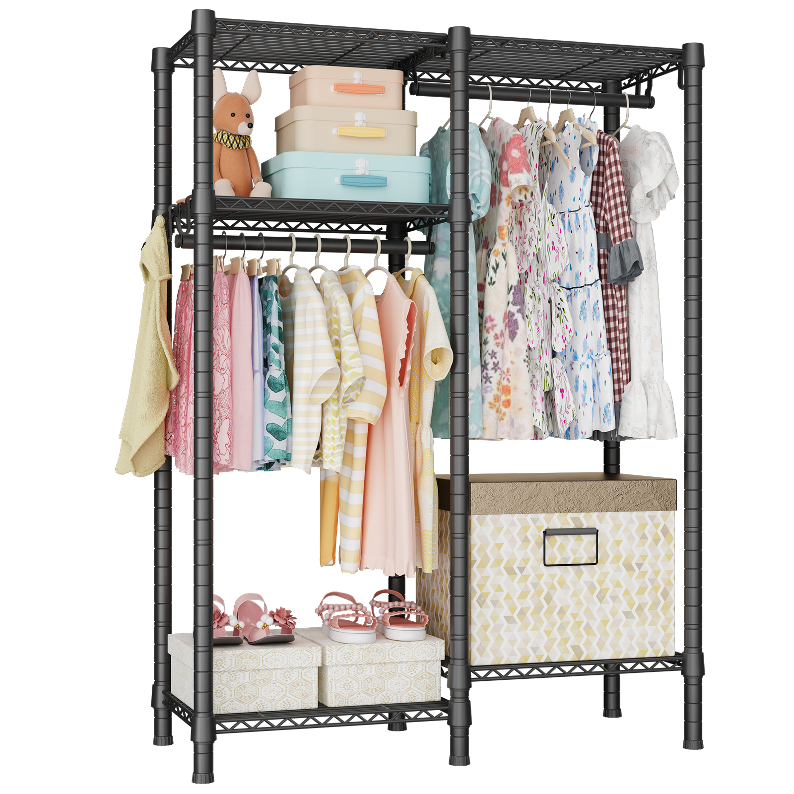 F1 Kids Double Column Garment Rack (Black), 4-Tier Shelves & 2 Hanger Rods, 40LBS per Shelf