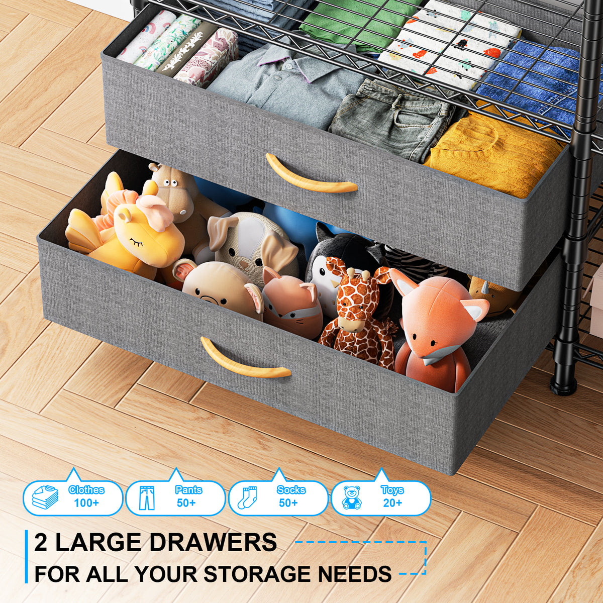 F3 Double Column Garment Rack (Black), 700LBS Load, 4-Tier Shelves & 2 Fabric Drawers with Bottom Boards