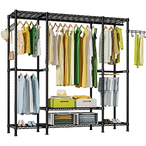E3 57.1"W Triple Column Garment Rack (Black), 650LBS Load & 5-Tier Storage Shelves
