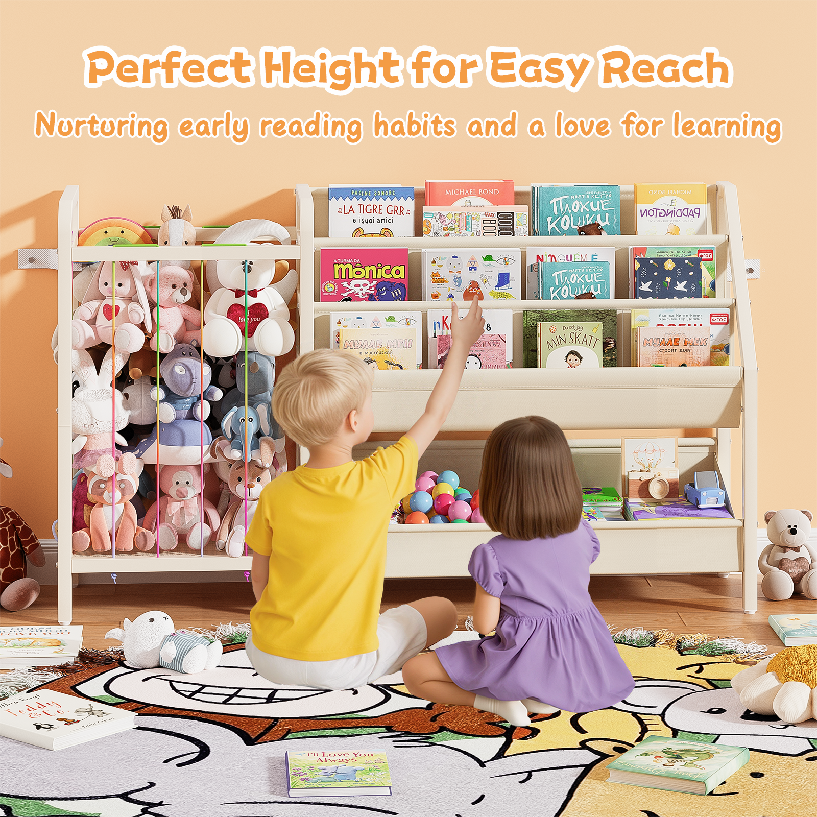 B5 Kids Bookshelf and Toy Storage, Book Shelf for Kids Rooms, Sling Toddler Book Shelves with Stuffed Animal Storage