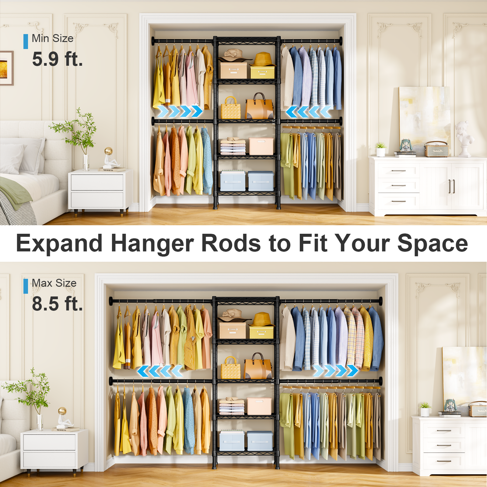 M2 Wall-Mounted Garment Rack (Black), 5.8-8.8ft Width, 4 Extendable Rods & 5-Tier 23.6" Shelves