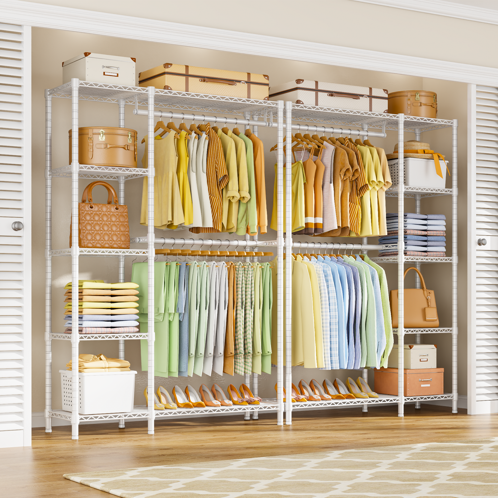 F2 45"W Double Column Garment Rack (Black), 630LBS Load & 5-Tier Adjustable Shelves