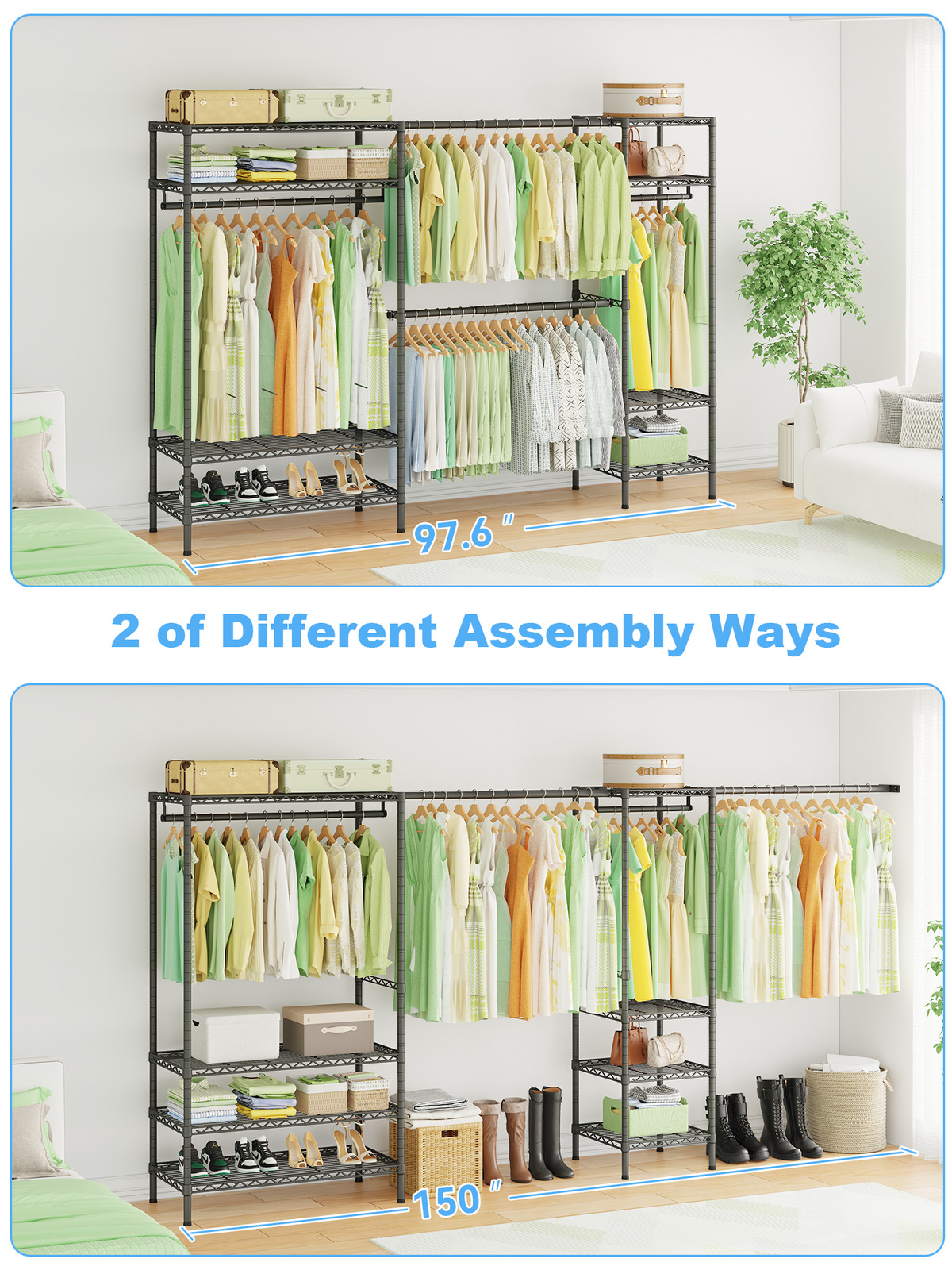 E11 73.2-97.6" Extendable Triple Column Garment Rack (Black), 1034LBS Load & Wall-Mounted/Free-Standing