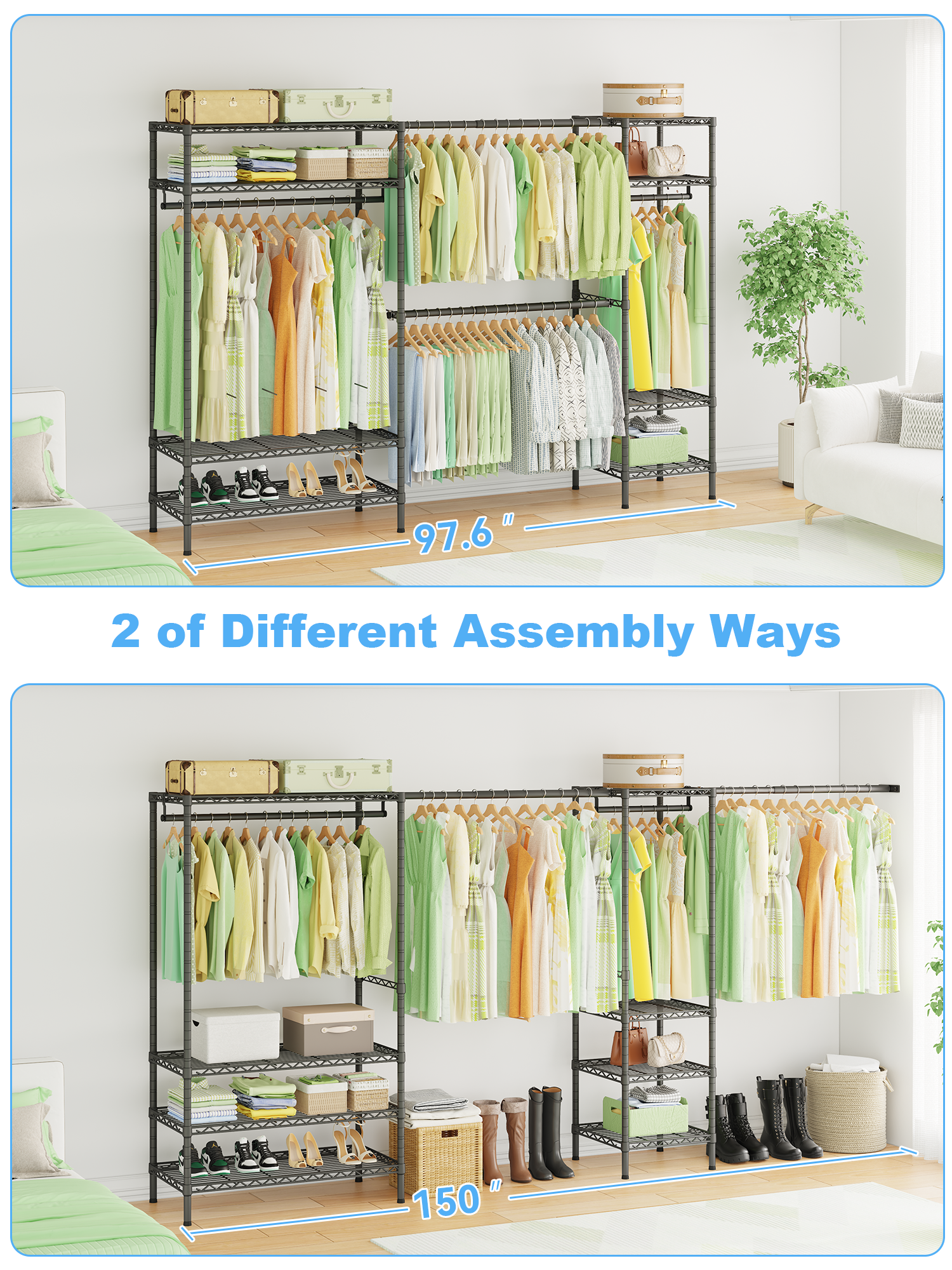 E11 73.2-97.6" Extendable Triple Column Garment Rack (Black), 1034LBS Load & Wall-Mounted/Free-Standing