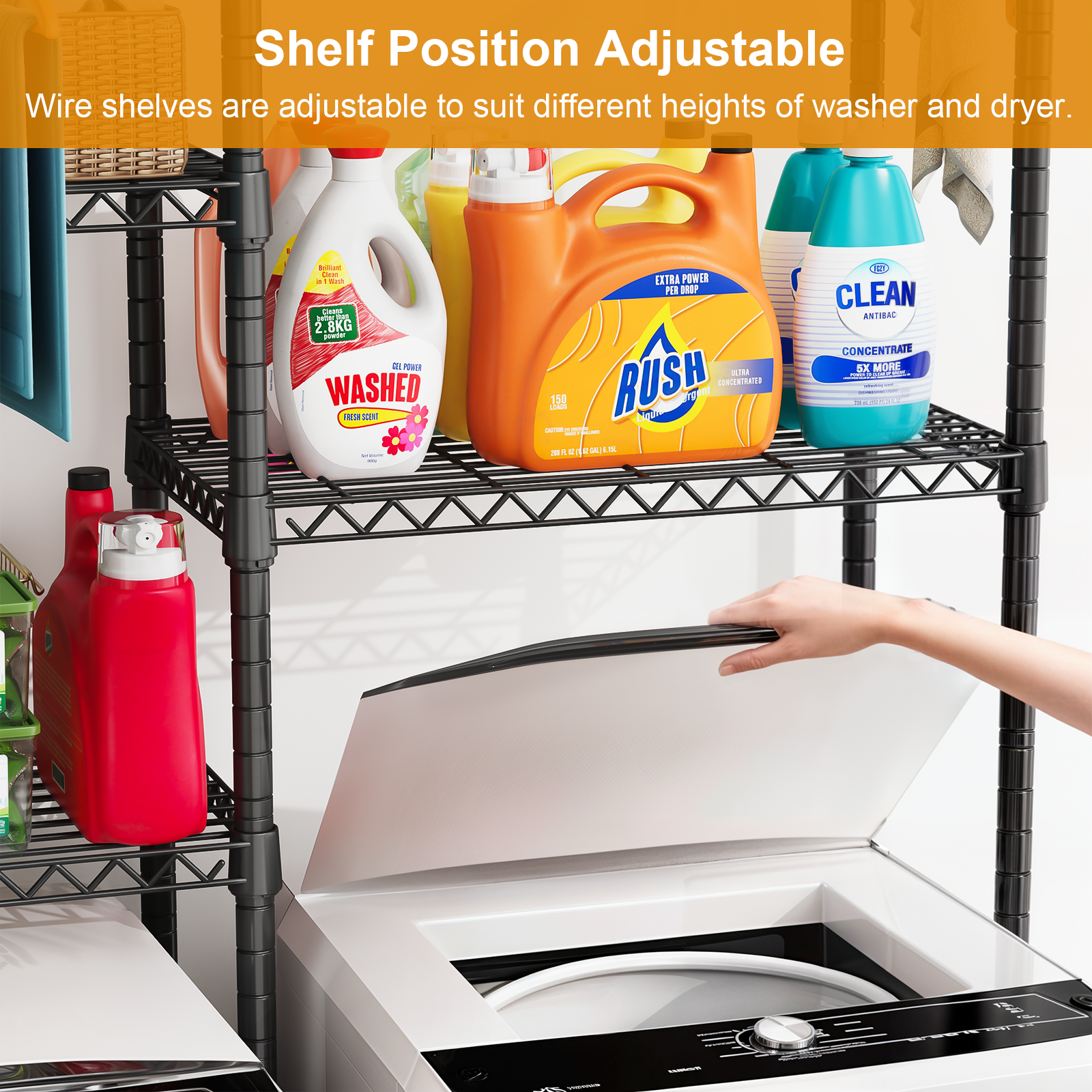 U14 Double Column Over-Washer Garment Rack, 4-Tier Storage & 2 Hanger Rods, 80-90LBS per Shelf Load