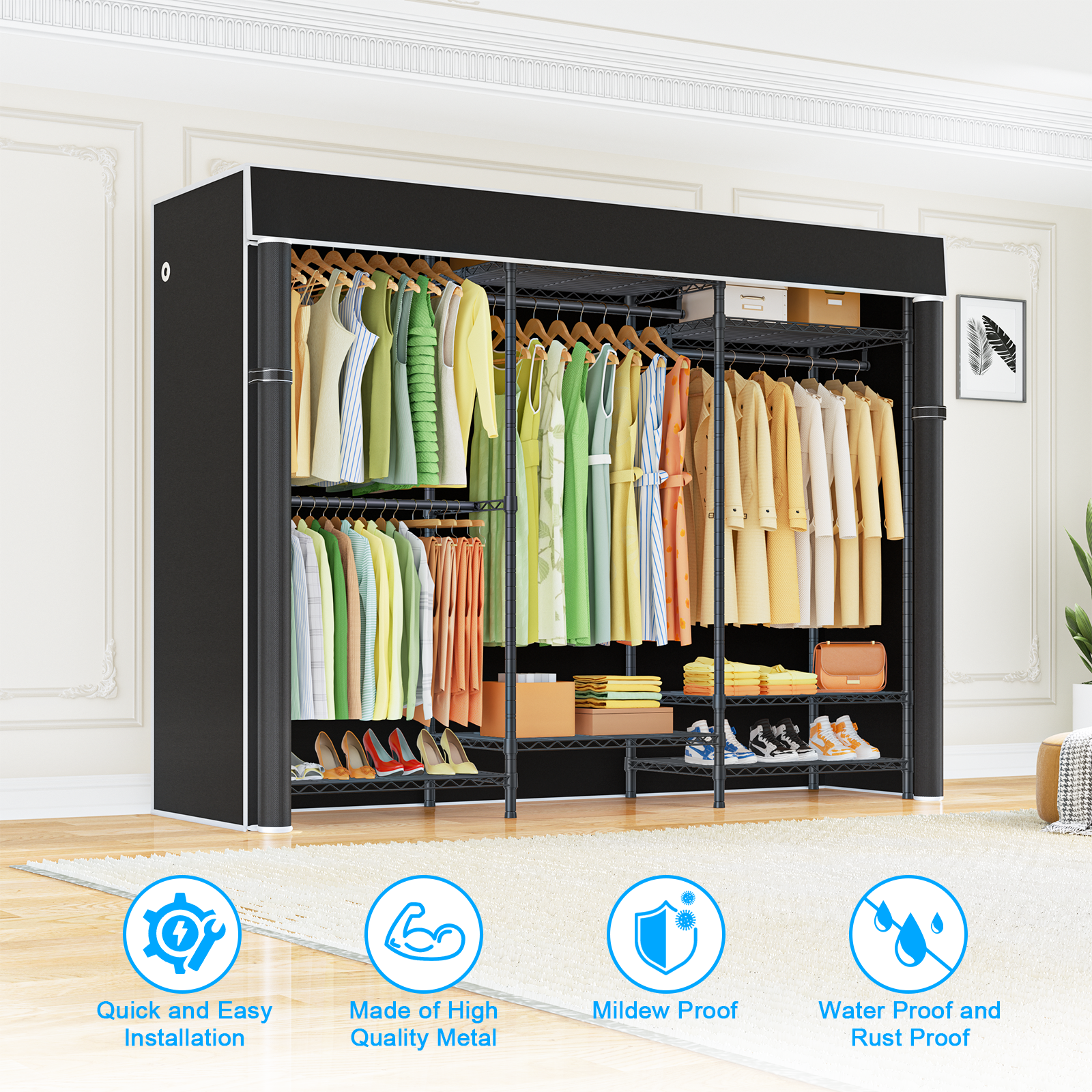 E13C Heavy Duty Closet Organizer System，Freestanding Clothing Racks for Hanging Clothes，Adjustable Garment Rack 63" W x 16" D x 77" H Hold 960 lbs