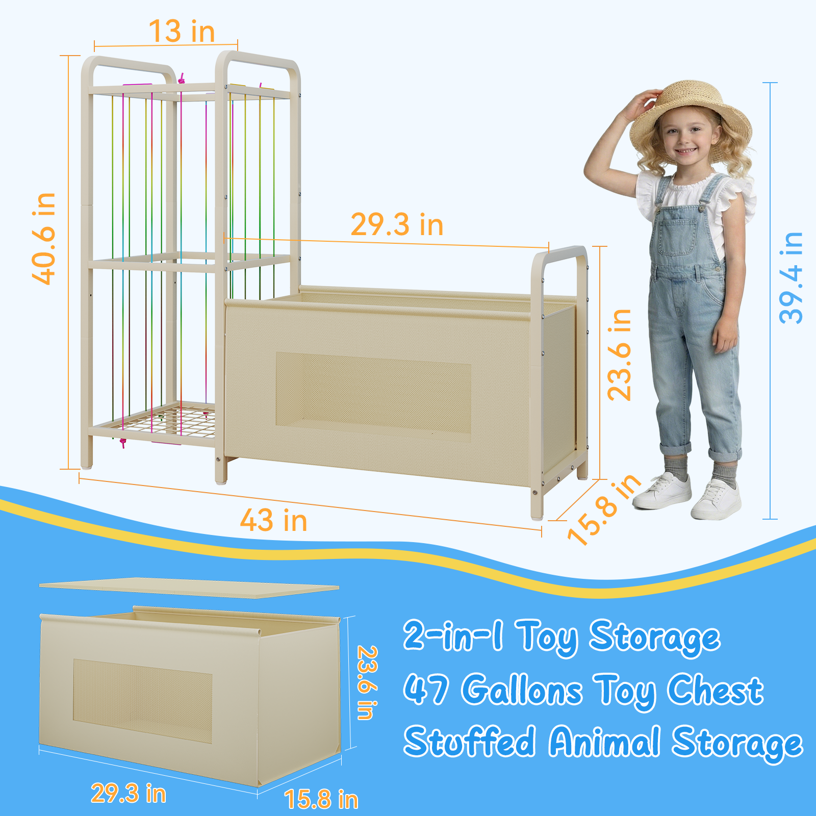 B10 Toy Storage Organizer with Stuffed Animal Storage, Large Toy Box Chest and Stuffed Animal Holder Zoo Organizer with Elastic Ropes for Nursery, Kids Room, Playroom, Bedroom, Beige