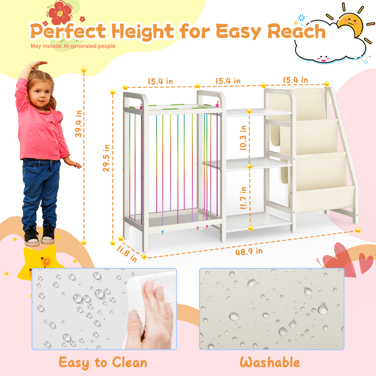 B1 Kids 3-in-1 Bookshelf and Toy Storage - 3-Tier Shelves+3 Sling Pockets for Nursery/Playroom