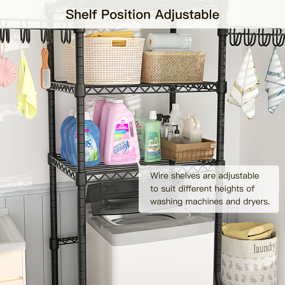 U8 Mini Over-Washer Garment Rack (Black), ≤27.1" Washer Fit, 304LBS Load & Leveling Feet