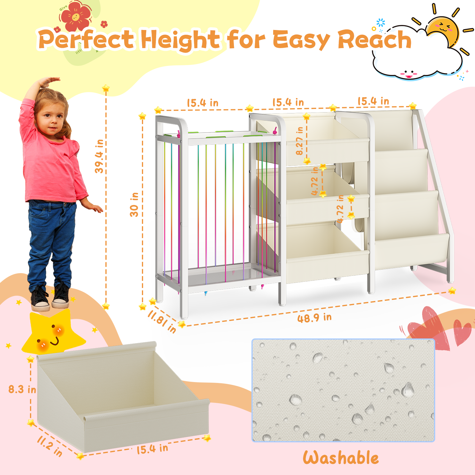 B2 Kids Bookshelf and Toy Storage, 3 Tier Book Shelf for Kids Rooms, Sling Toddler Bookshelf with Stuffed Animal Storage, Montessori Baby Bookcase for Nursery, Bedroom, Playroom, White