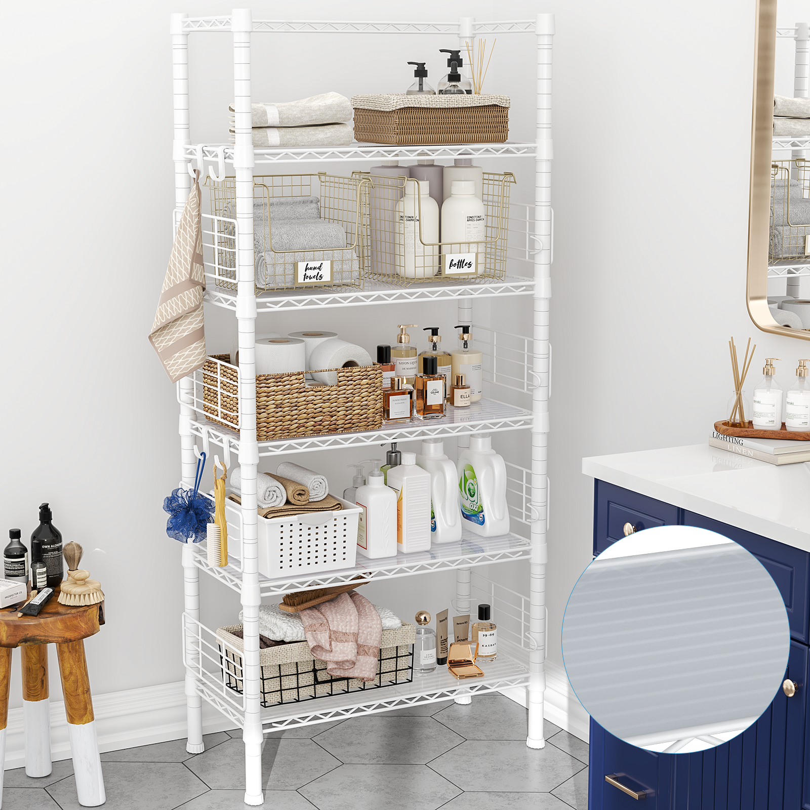 Narrow Metal Storage Rack (Black), 5-Tier, 400LBS Load & Guardrails for Kitchen/Bathroom