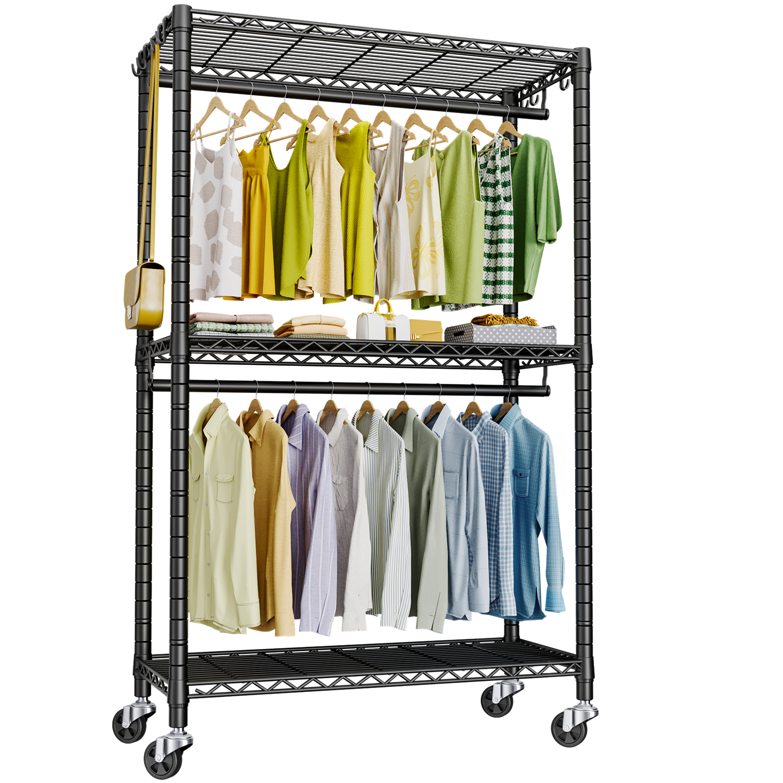 P3 Single Column Garment Rack (Black), 39.4"W, 464LBS Load & 3-Tier Shelves with Lockable Wheels