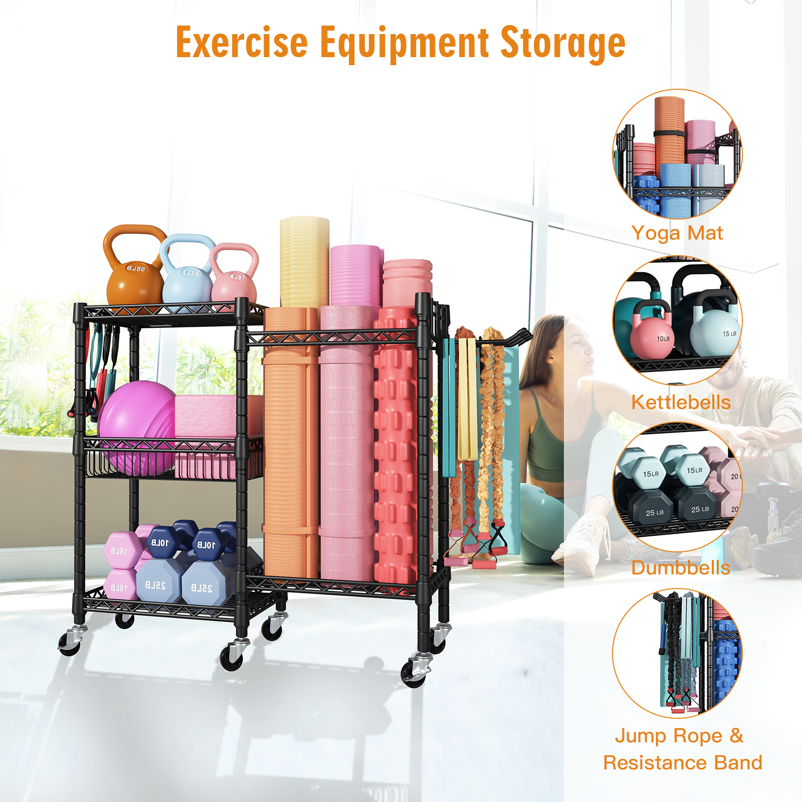 S2 Home Gym Storage, 3 Tiers Workout Equipment Organizer with Wheels for Yoga Mats, Foam Roller, Dumbbells, Kettlebells, and Resistance Bands