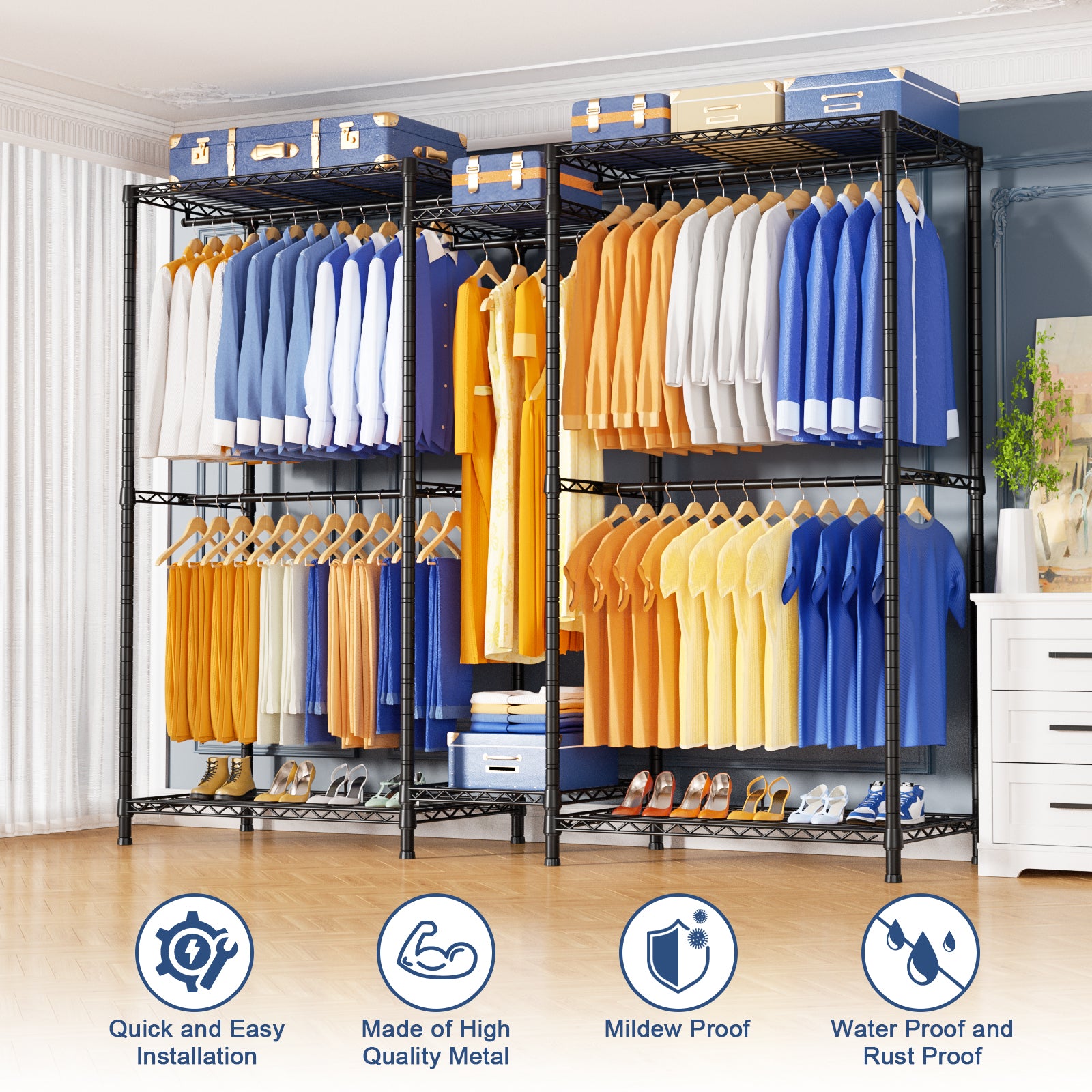 Ulif E12 Clothes Rack,Heavy Duty Freestanding Garment Rack with Shelves,Metal Clothing Closet Storage System for Hanging Clothes，71" W x 16" D x 76.5" H, Hold 960 lbs，Black