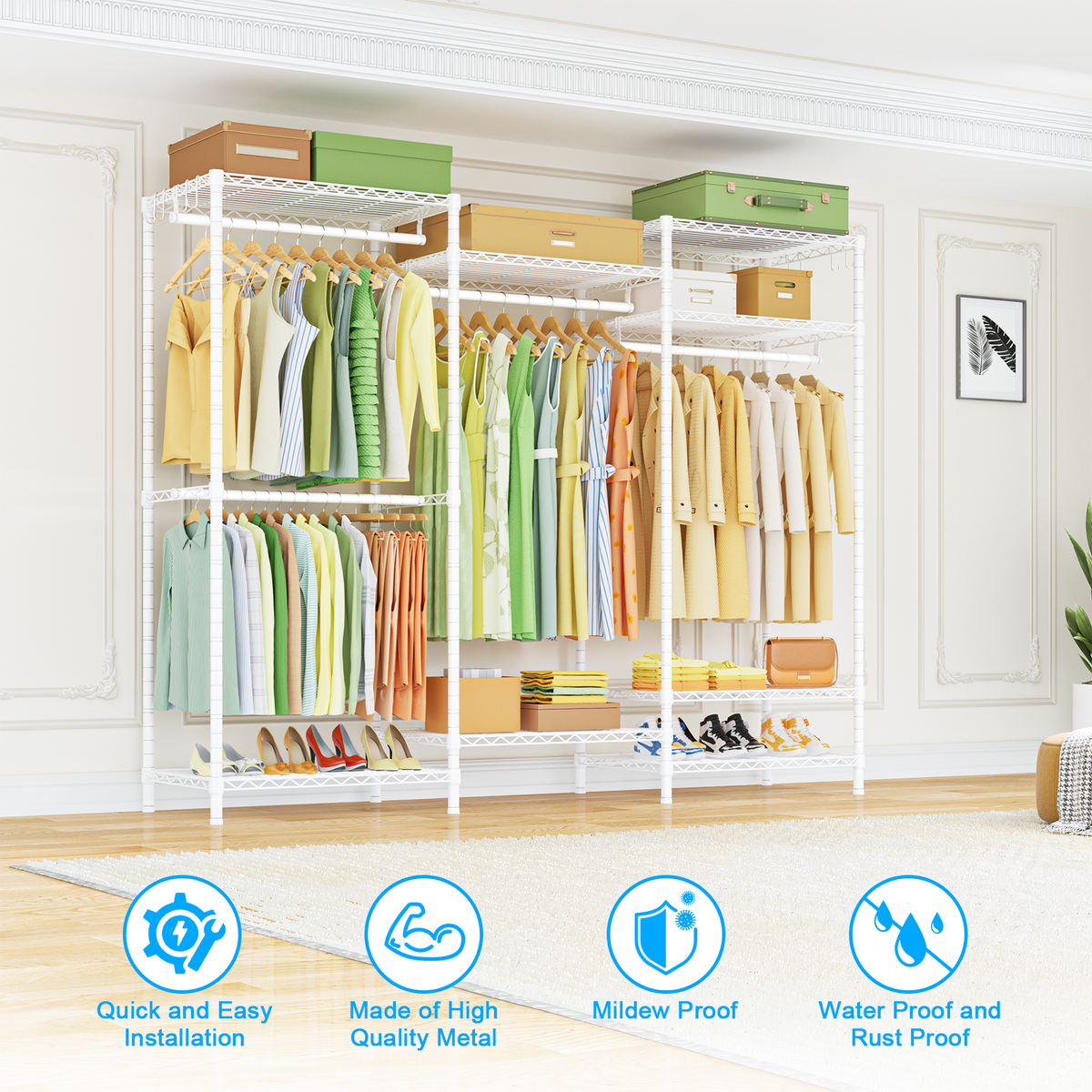 E13 Triple Column Garment Rack (Black), 900LBS Load, 8-Tier Shelves, 4 Hanger Rods & 8 S Hooks