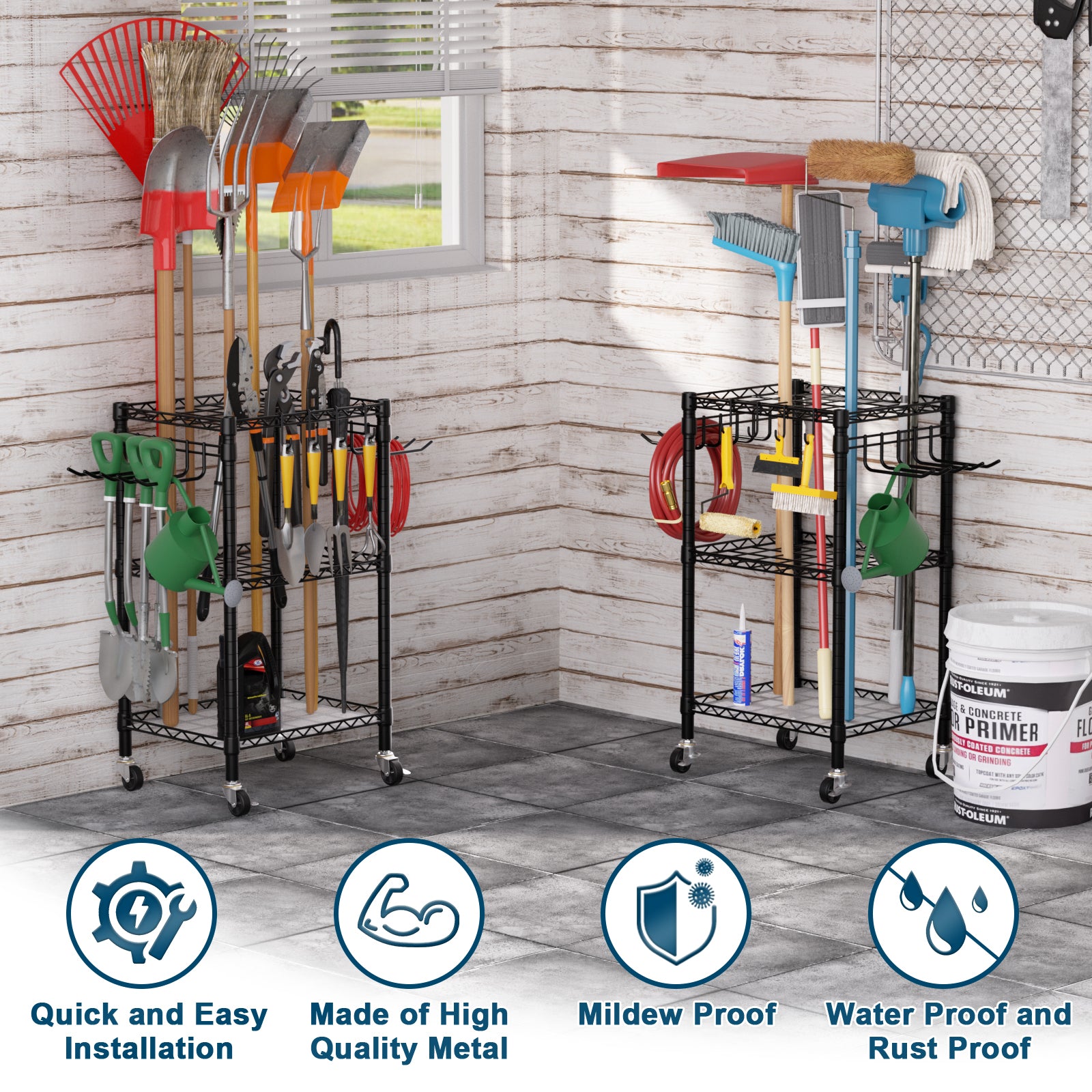 T1 Garden Tool Organizer（With Lockable Wheels）Heavy Duty Garage Tool Storage for Yard，Shed，Outdoor and Lawn，Freestanding Tool Organizers and Storage UP to 50 Tools, with Anti-Tip Device