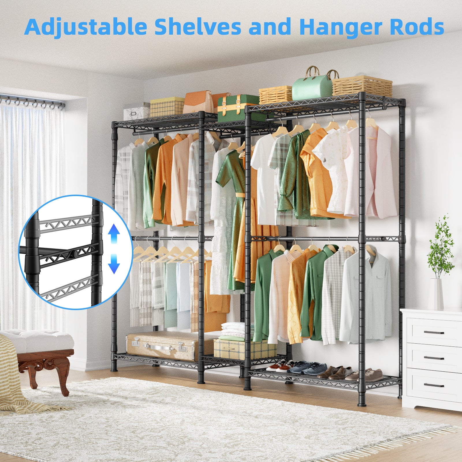 E12 Detachable Triple Column Garment Rack (Gold), 960LBS Load & 6-Tier Shelves with 4 Hanger Rods