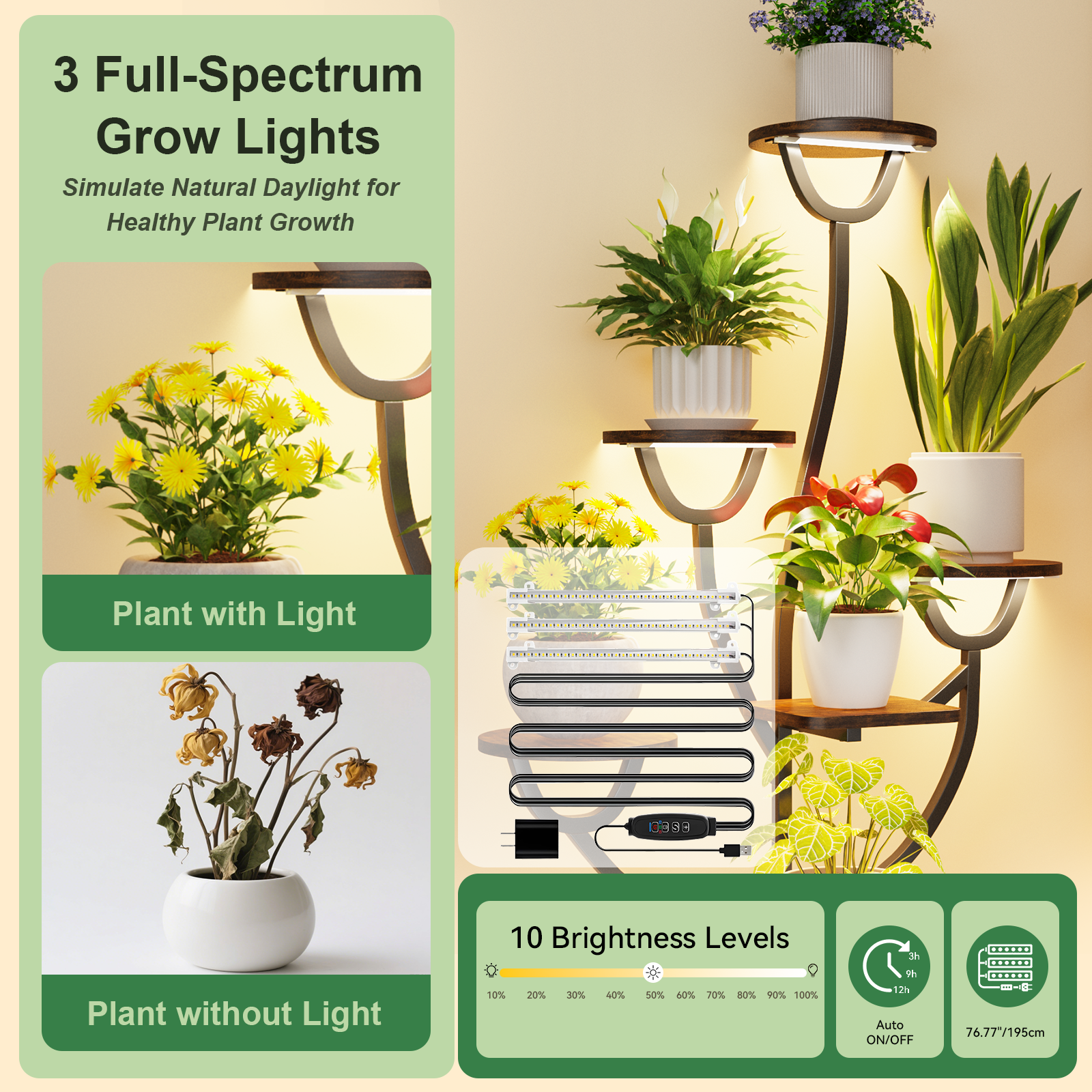 C4 Plant Stand Indoor with Grow Lights - 44.2" Tall Plant Shelf, Lighted Corner Plant Stands for Indoor Growing, 7 Tiered Metal & Wood Plant Holder Display Shelves for Living Room, Patent Design