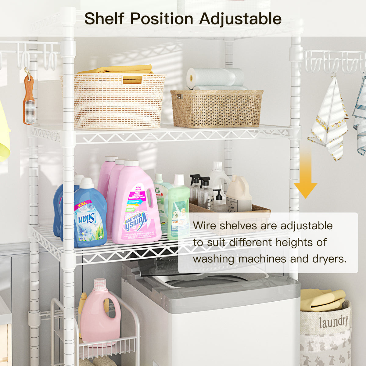 U8 Over-Washer Garment Rack (Black), ≤32.6" Washer Fit, 304LBS Load & Adjustable Shelves