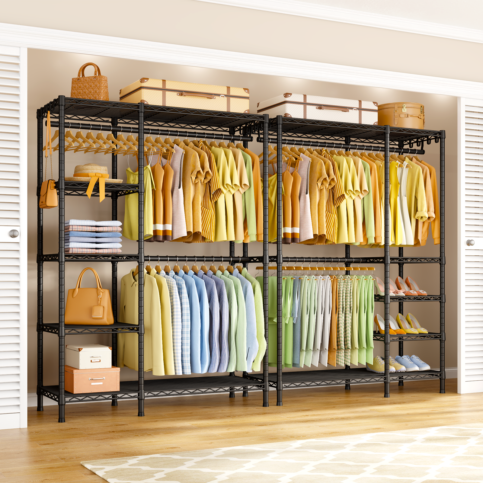 F2 45"W Double Column Garment Rack (Black), 630LBS Load & 5-Tier Adjustable Shelves