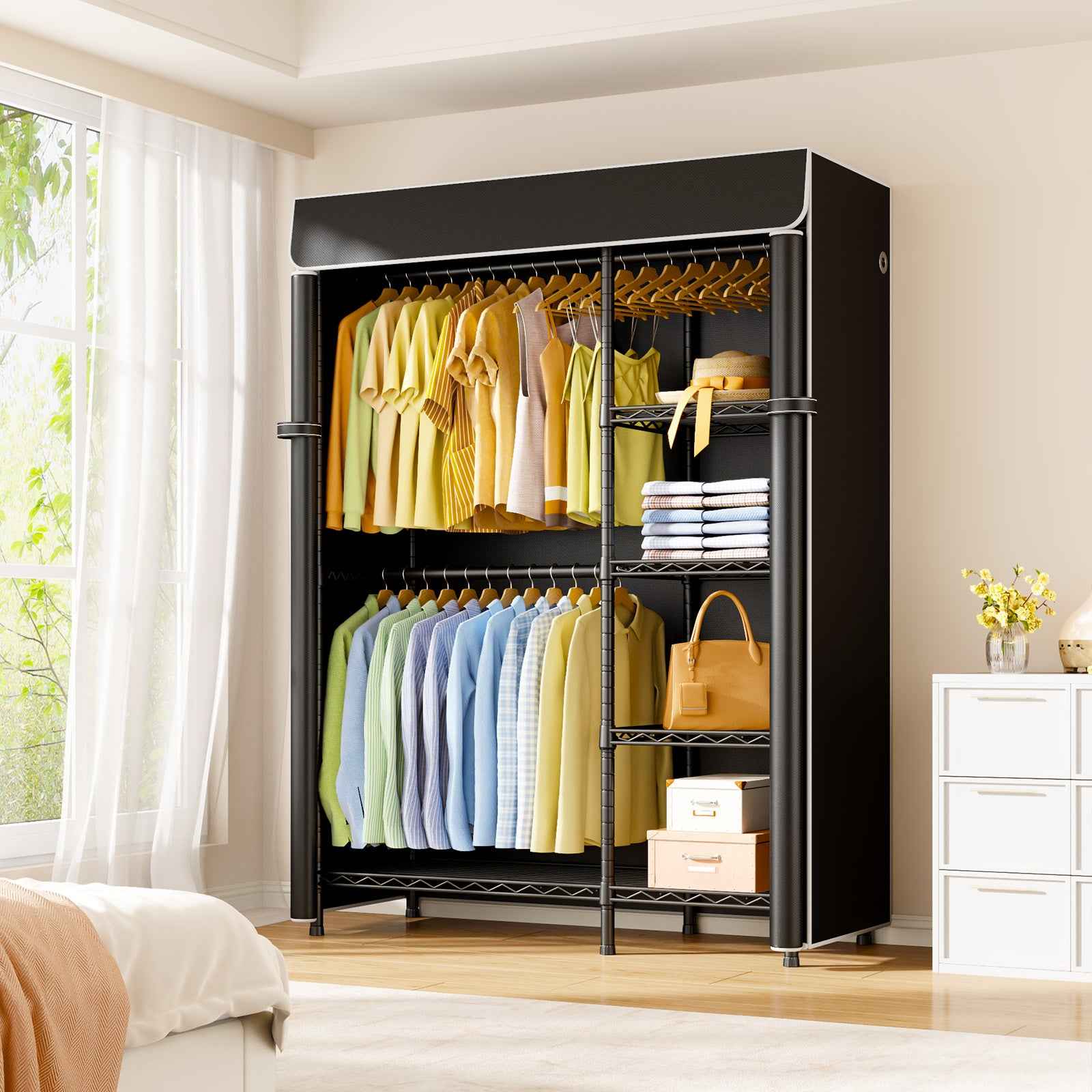 F2C Clothes Rack with Cover, Clothing Racks for Hanging Clothes, Heavy Duty Garment Rack with Shelves and Hanger Rods