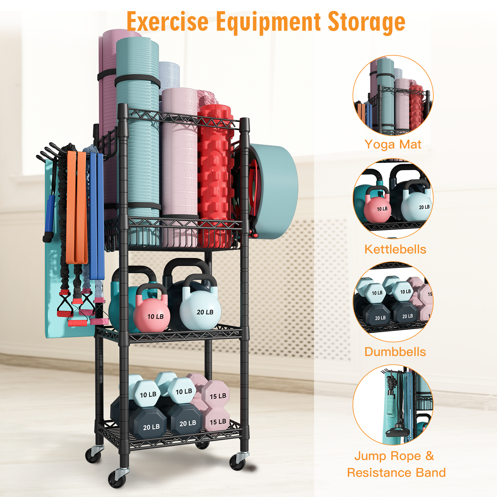 S1 Home Gym Storage, 3 Tiers Workout Equipment Organizer with Wheels for Yoga Mats, Foam Roller, Dumbbells, Kettlebells, and Resistance Bands