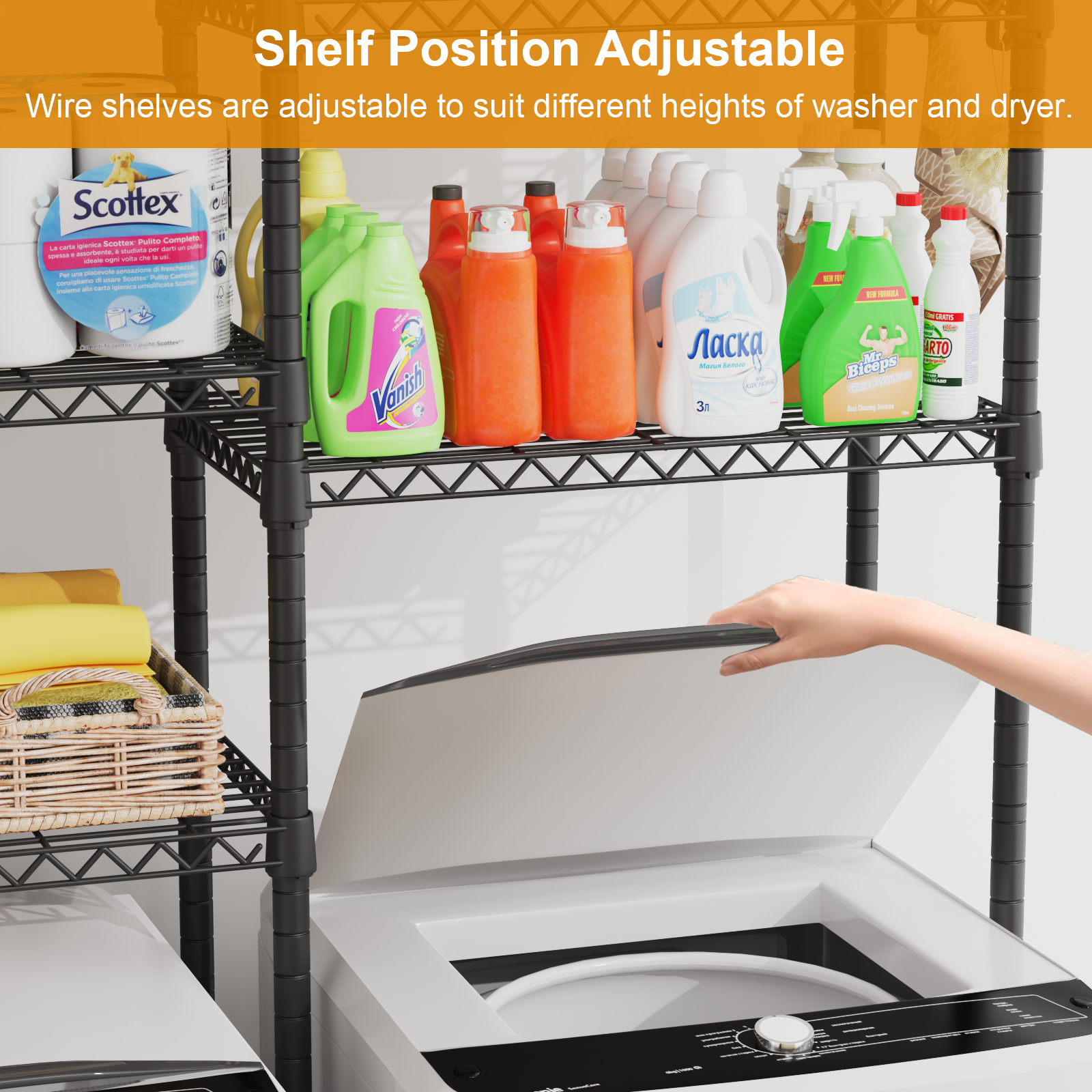 U15 Over Washer and Dryer Storage Shelves, Laundry Above Washer Dryer Storage Rack Space Saver, 6-Tier Wire Shelf with 4 Hooks for Organization, 63.4"W x 17.3"D x 76.4"H, Holds 568lbs