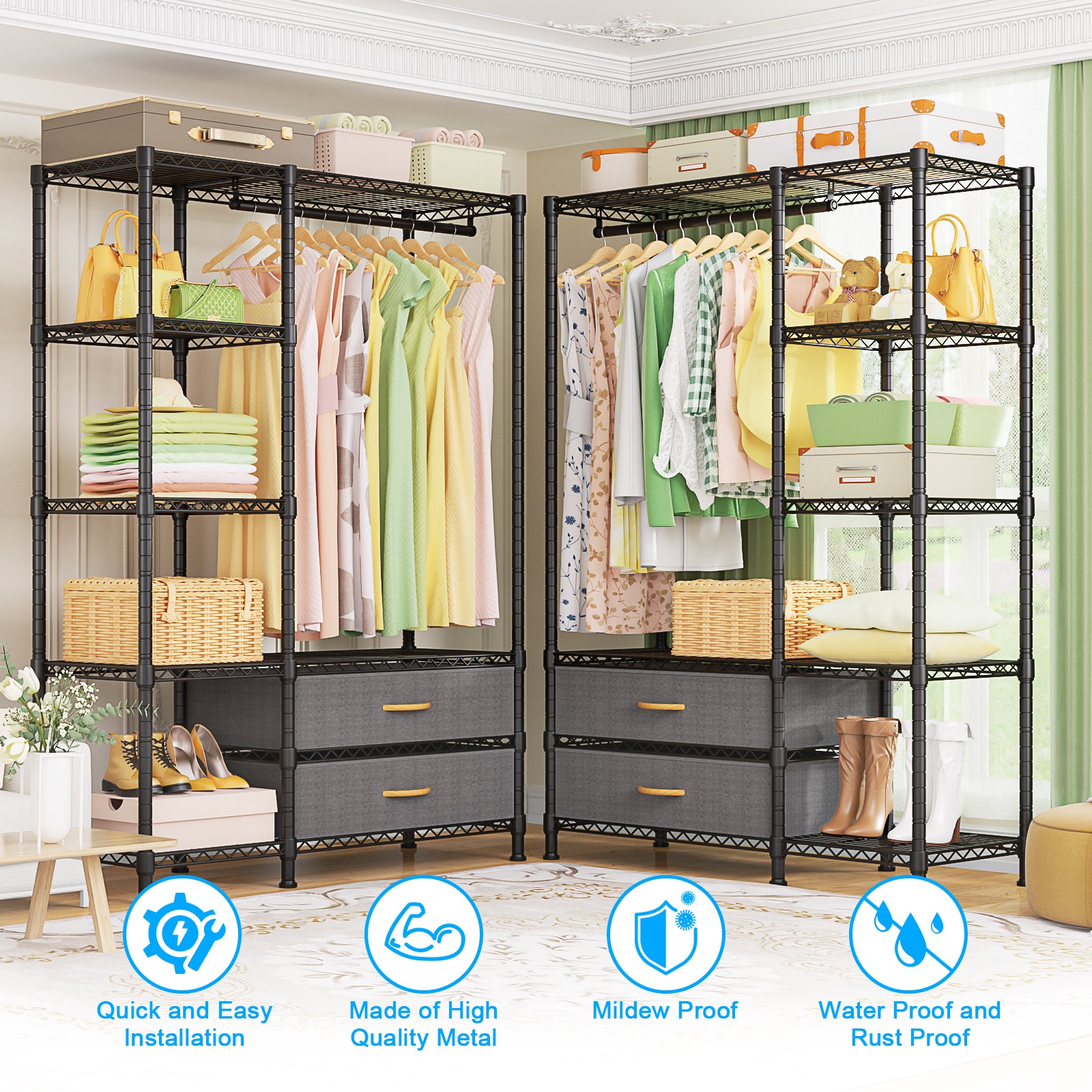 F3 Double Column Garment Rack (Black), 700LBS Load, 4-Tier Shelves & 2 Fabric Drawers with Bottom Boards