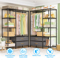 F3 Double Column Garment Rack (Black), 700LBS Load, 4-Tier Shelves & 2 Fabric Drawers with Bottom Boards