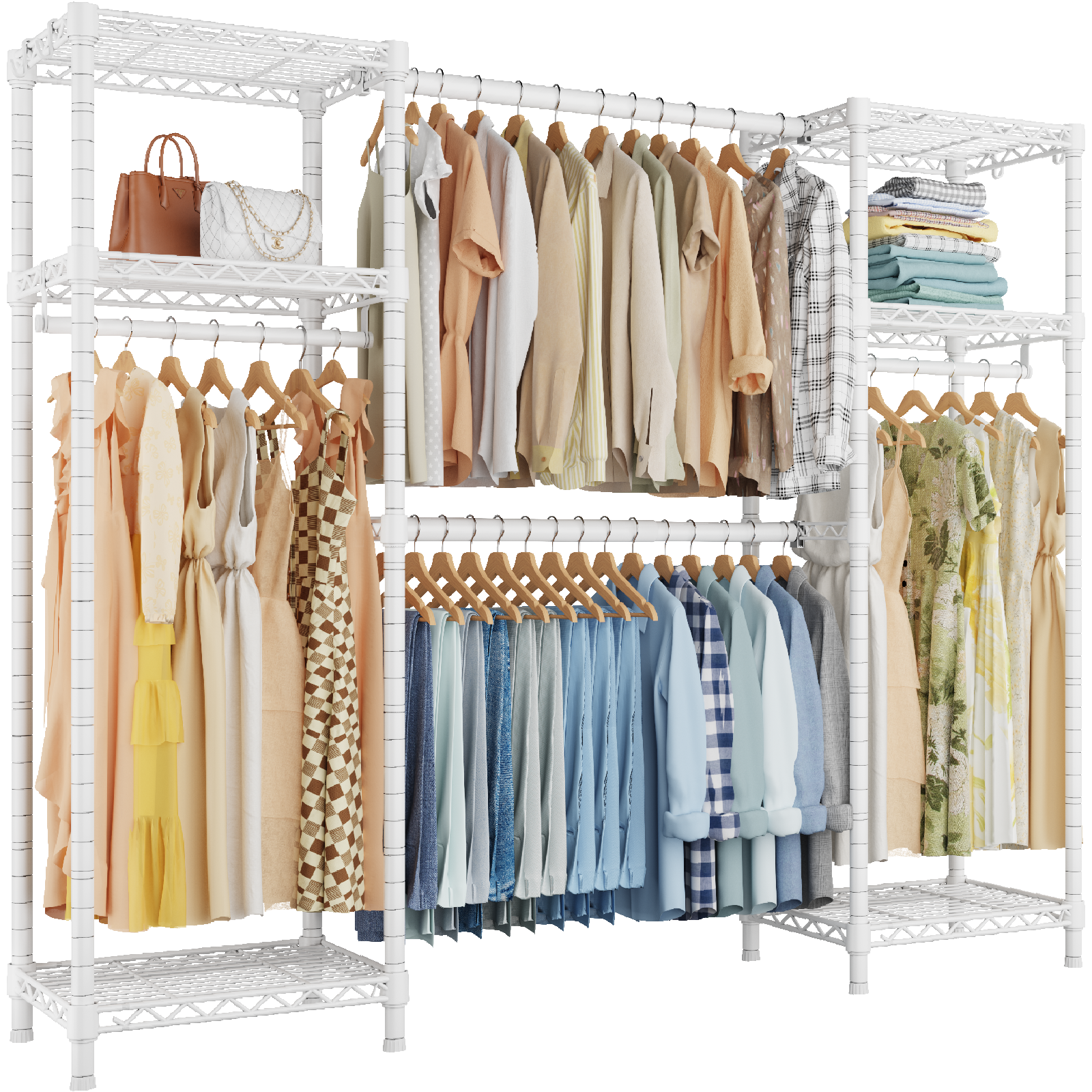 E7 52.3-72" Extendable Triple Column Garment Rack (Black), 838LBS Load & 6-Tier Wire Shelves