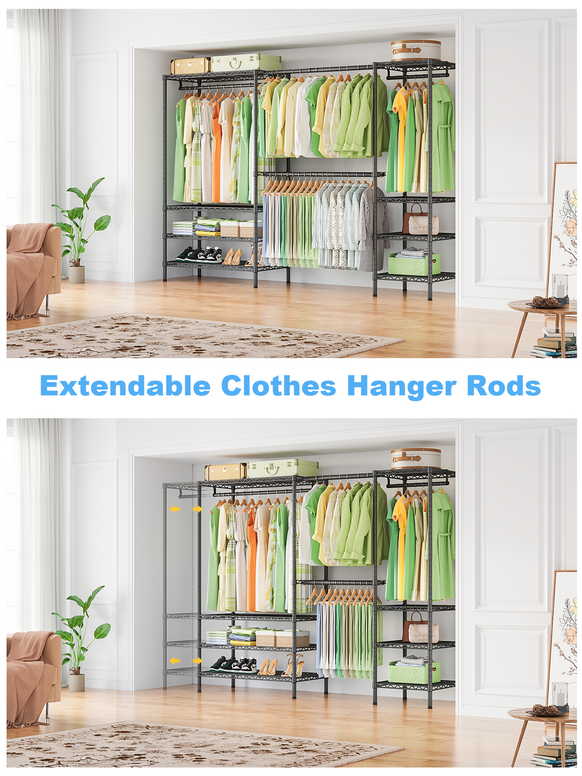 E11 73.2-97.6" Extendable Triple Column Garment Rack (Black), 1034LBS Load & Wall-Mounted/Free-Standing
